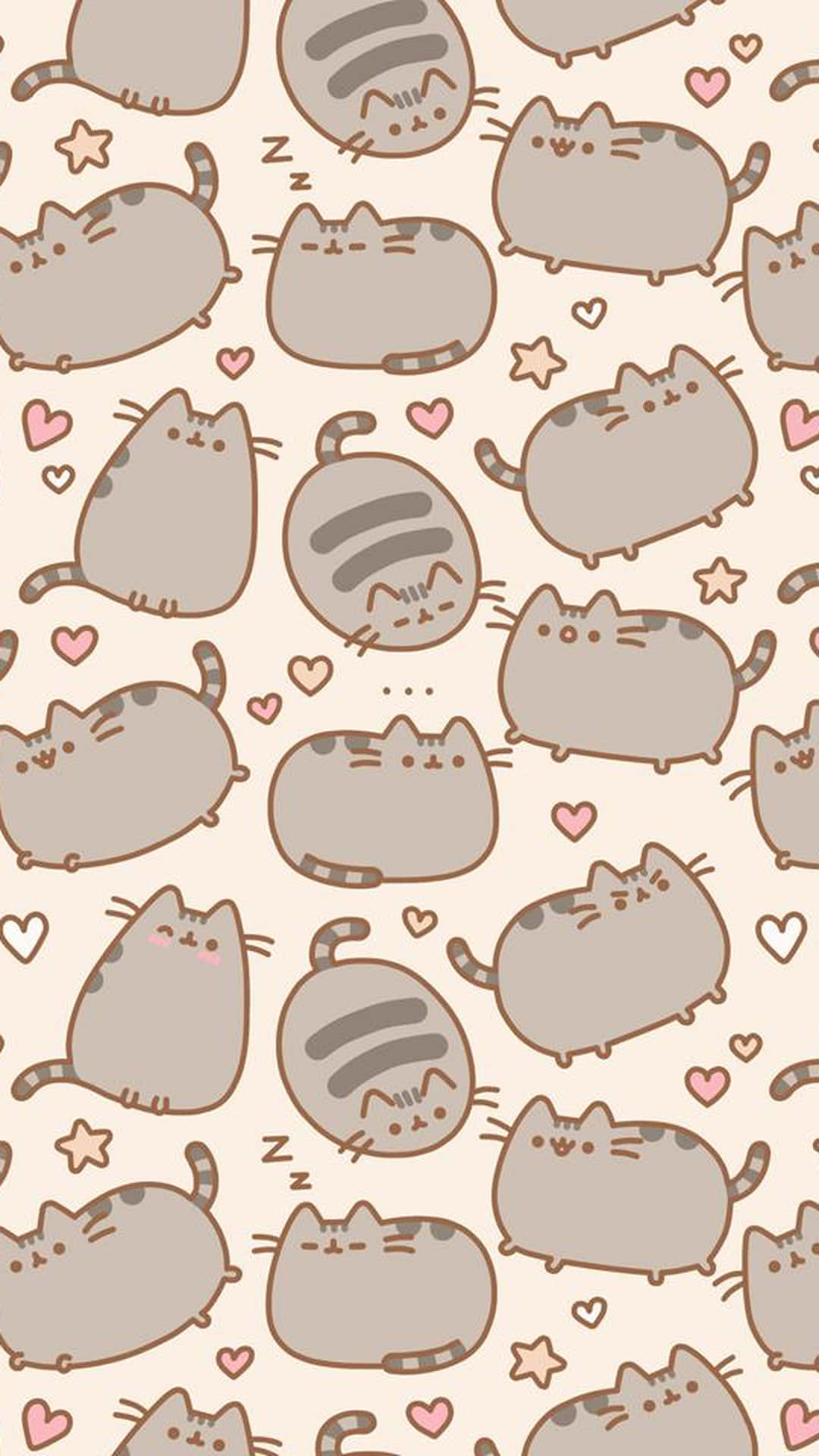 米色背景上帶有心形和星星的胖卡通貓咪。 — Pusheen 動圖 壁紙