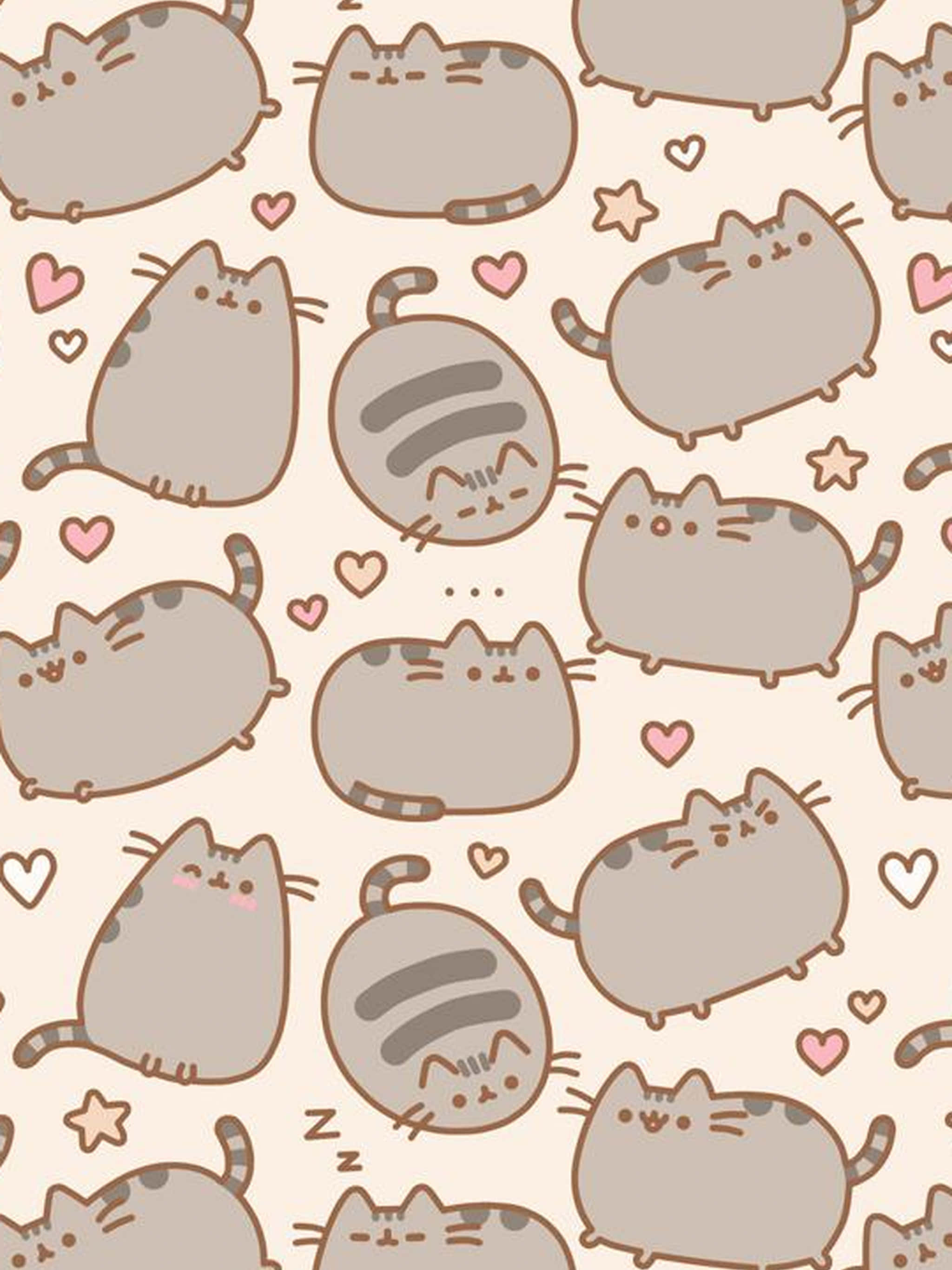 Kawaii Pusheen 桌布 壁紙 — 可愛的胖貓咪，粉紅愛心和星星散落在柔軟的米色背景上，形成一個可愛的重複圖案。