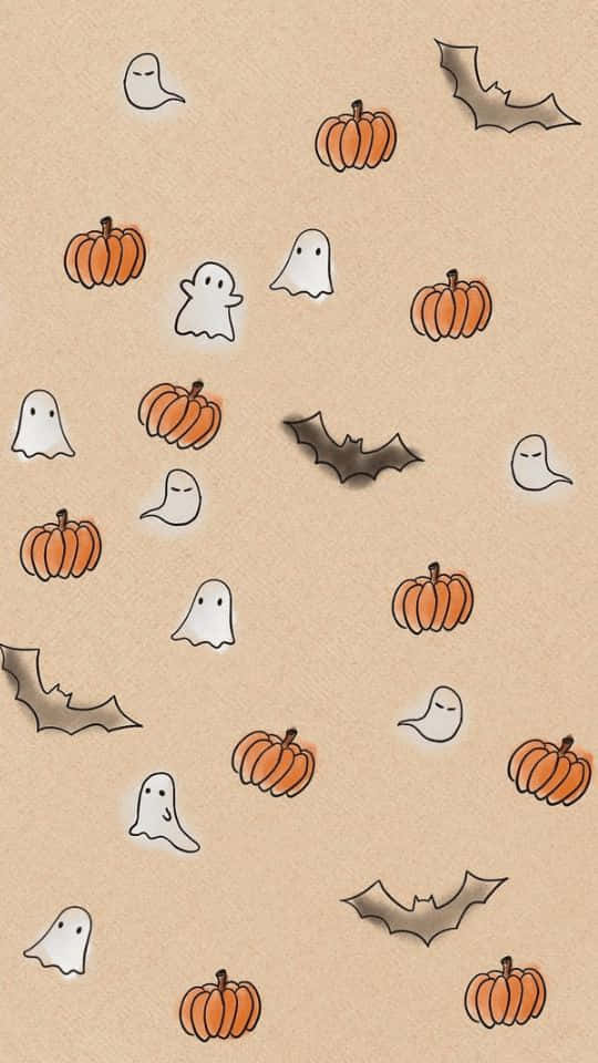 Pumpkin 桌布 壁紙 — 可愛的萬聖節幽靈、南瓜和蝙蝠散落在有紋理的米色背景上，採用柔和的水彩風格。