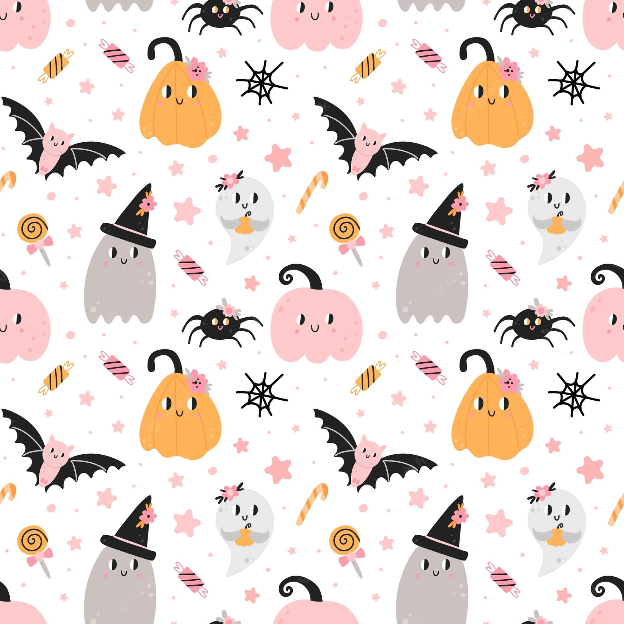 Pink Halloween 桌布 壁紙 — 可愛的萬聖節角色，如南瓜、鬼魂、蝙蝠和蜘蛛，散落在白色背景上，還有糖果和星星。