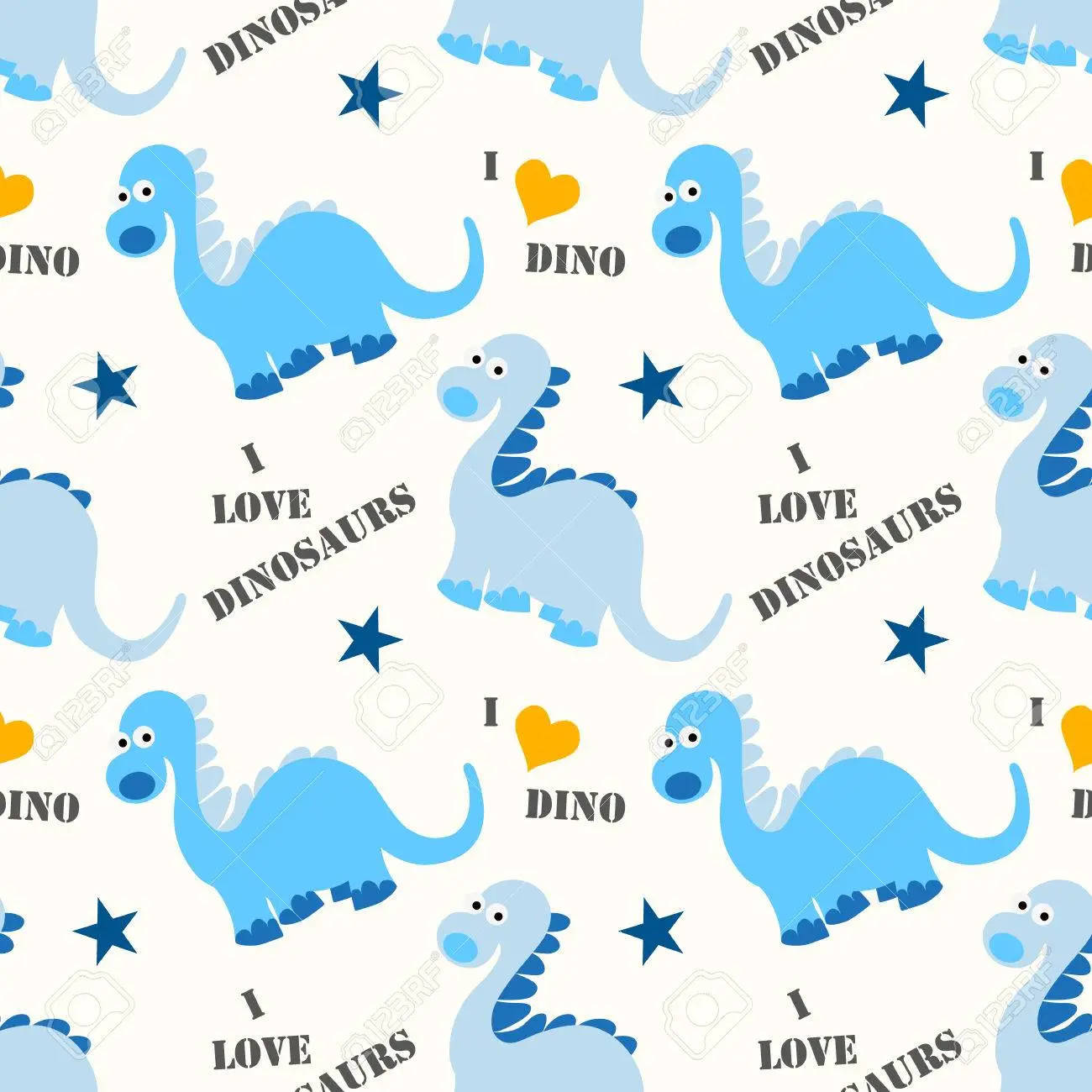 Cute Dinosaur Pattern 桌布 壁紙 — 可愛的藍色卡通恐龍，帶有星星和「我愛恐龍」文字，背景為淺色。
