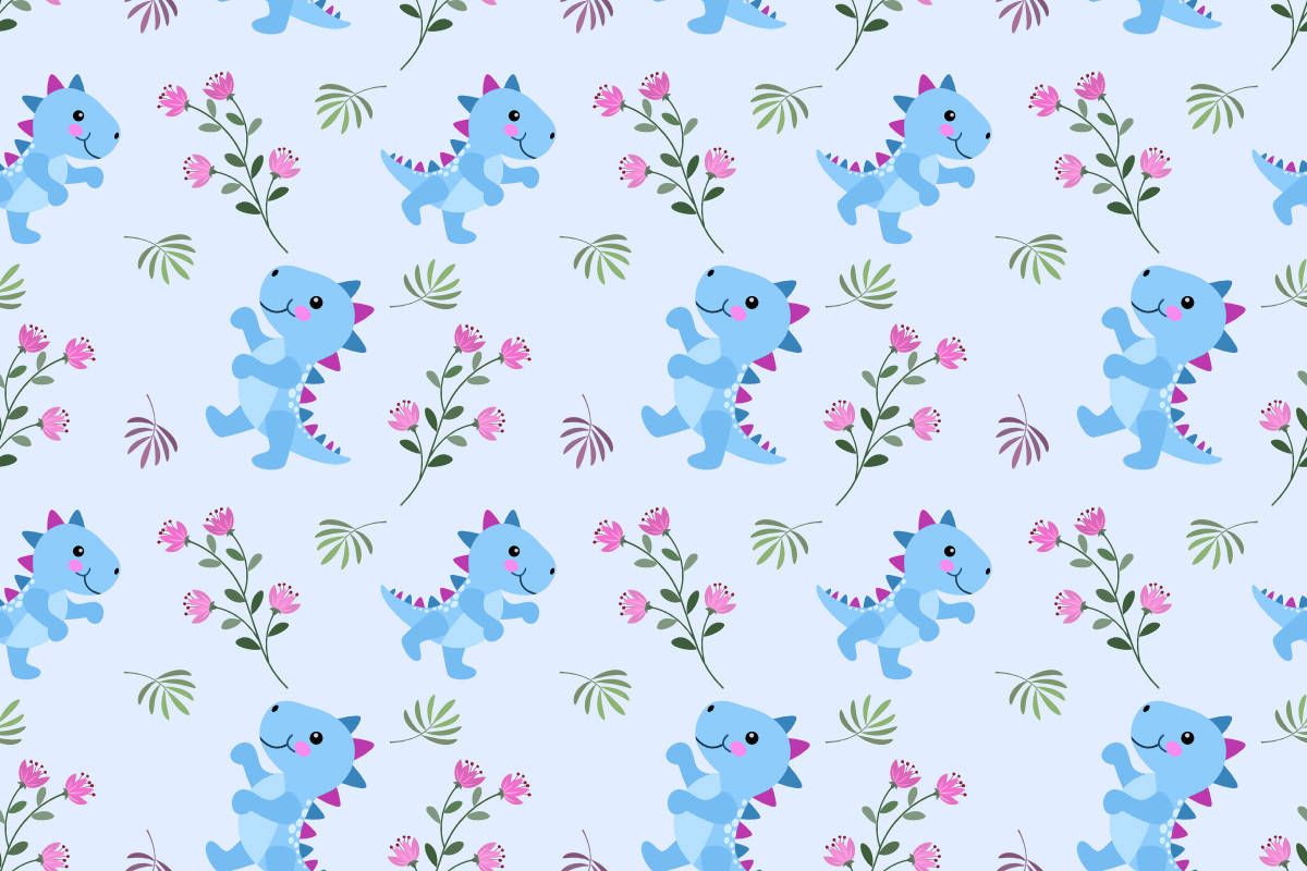 Cute Dinosaur Pattern 桌布 壁紙 — 可愛的藍色卡通恐龍和粉紅色花朵在柔和的淺藍色背景上以俏皮的圖案重複出現。