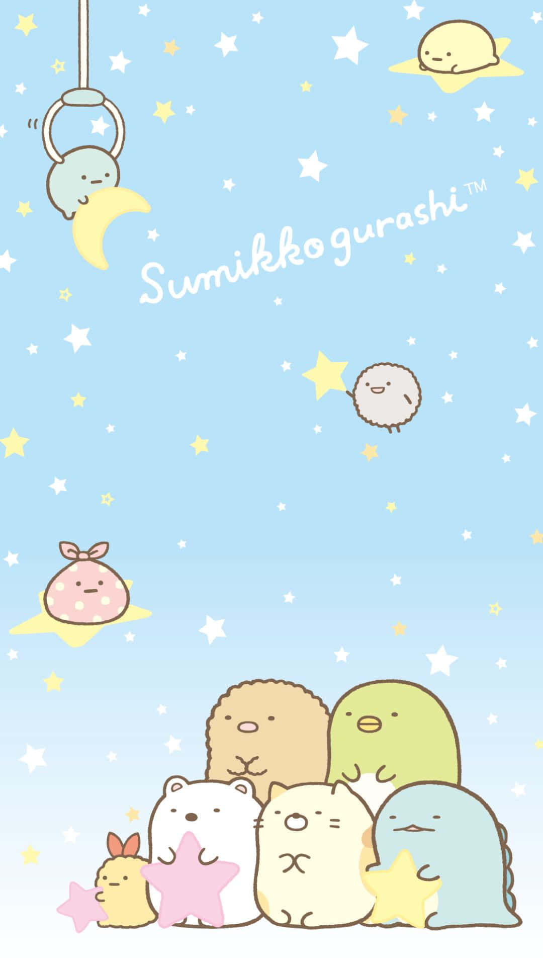 Kawaii Characters 桌布 壁紙 — 可愛的角落小夥伴角色們聚集在星空下，有漂浮的星星和一個新月鞦韆。