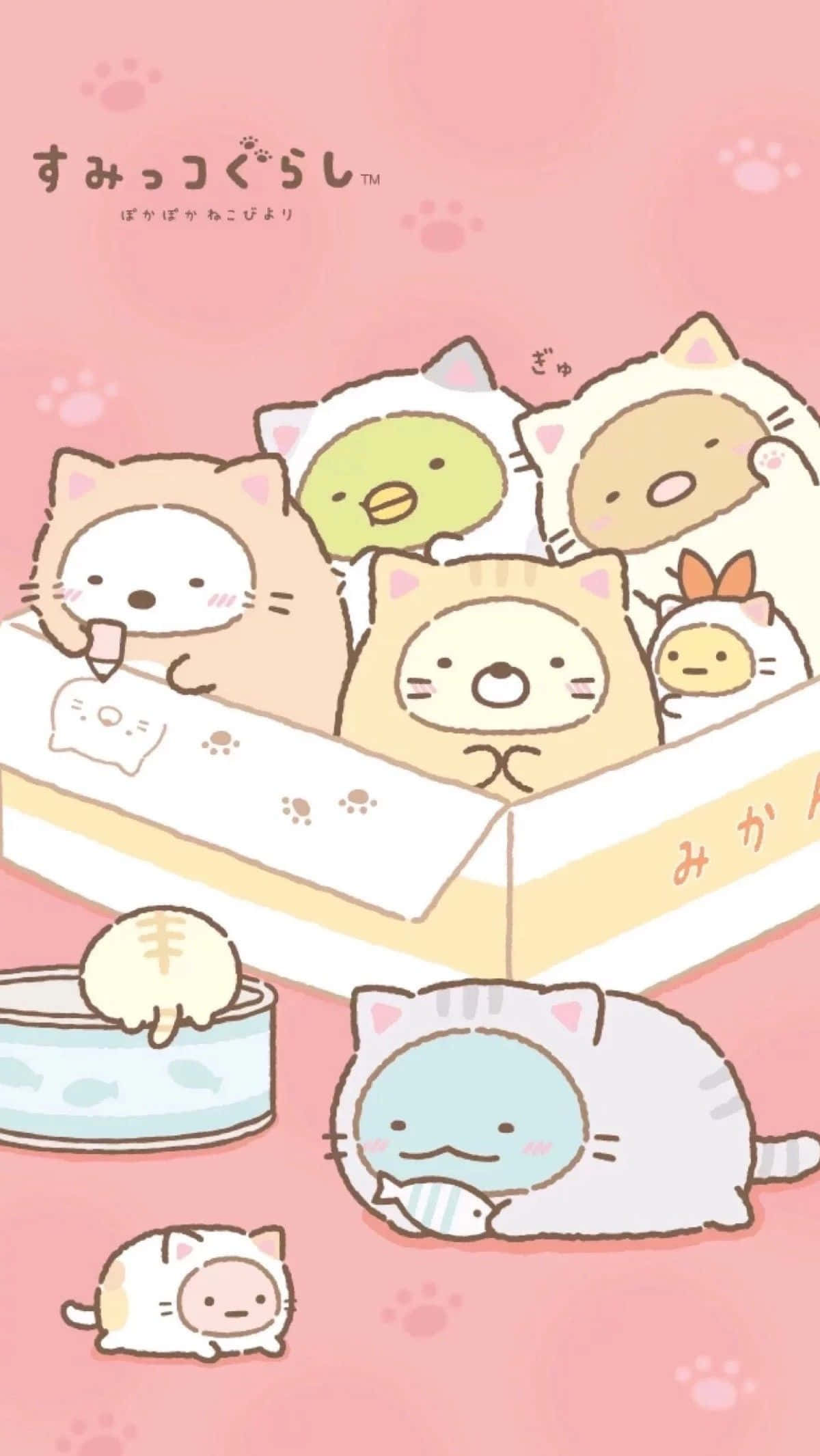 Kawaii Pastel 桌布 壁紙 — 可愛的角落生物角色在舒適的盒子裡和食物碗周圍探頭和閒逛，背景是柔和的粉紅色。