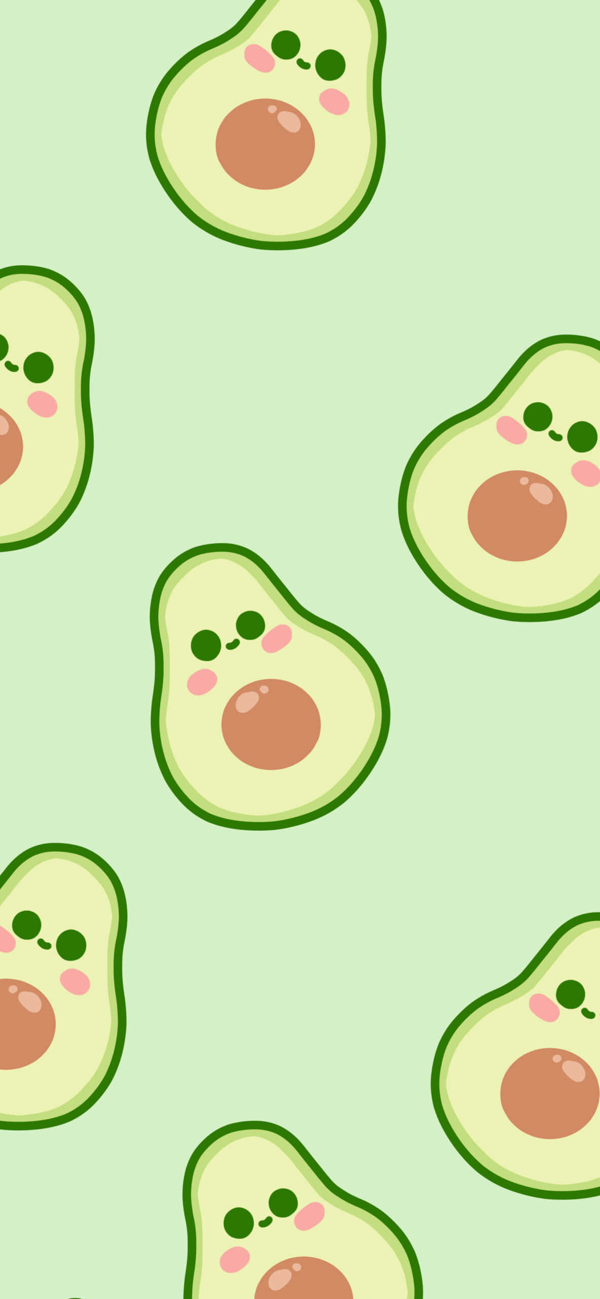 Cute Avocado 桌布 壁紙 — 可愛的酪梨角色，臉頰紅潤，面帶微笑，漂浮在柔和的薄荷綠色背景上。
