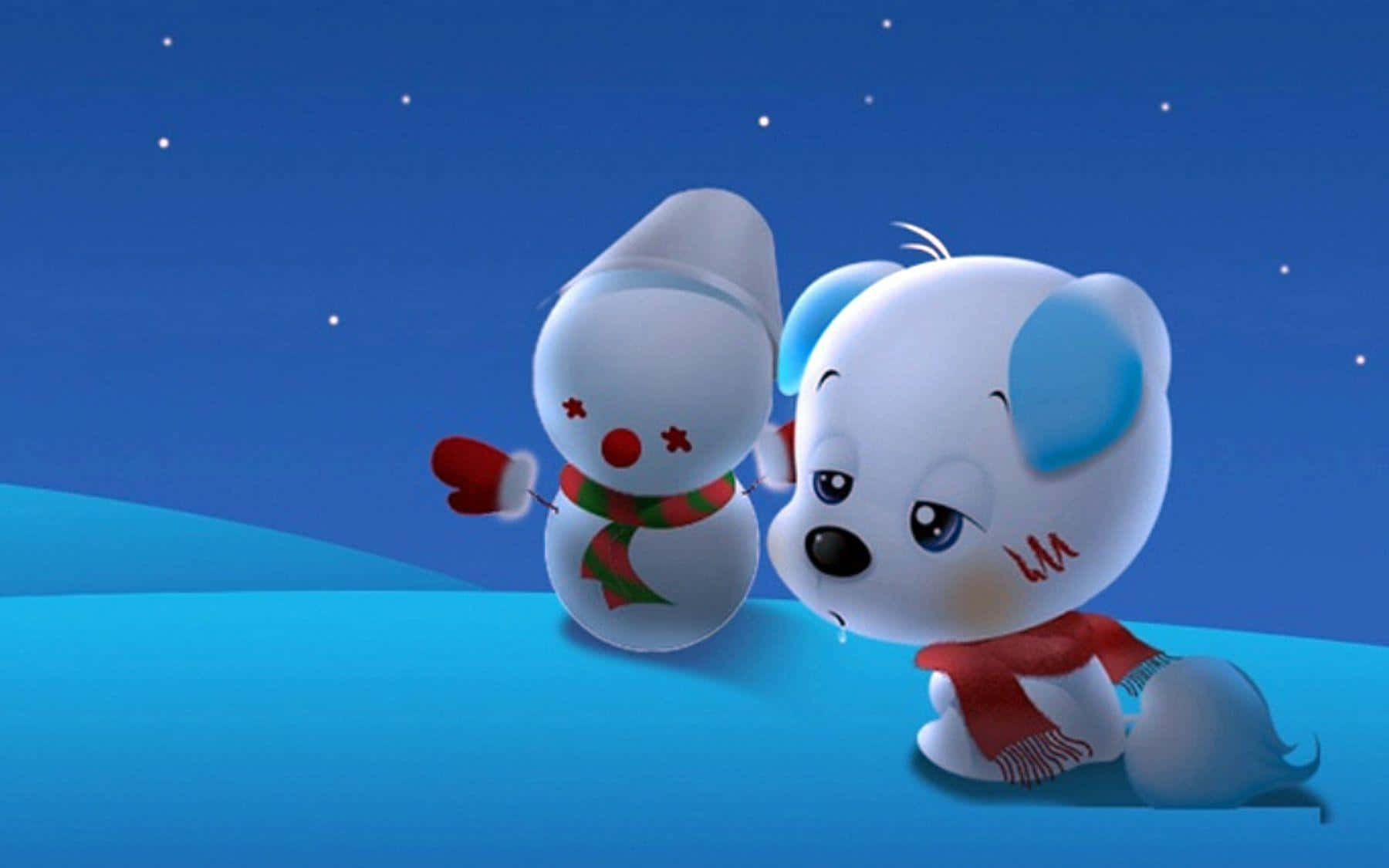 Cute Animated 桌布 壁紙 — 可愛的雪人和北極熊穿著冬季裝備，在星空下分享溫馨時刻。