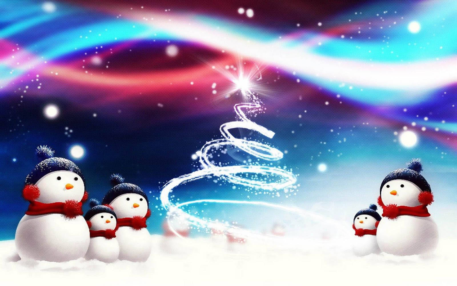 雪人 桌布 壁紙 — 可愛的雪人戴著紅色圍巾，凝視著在充滿活力的宇宙天空下發光的螺旋聖誕樹。