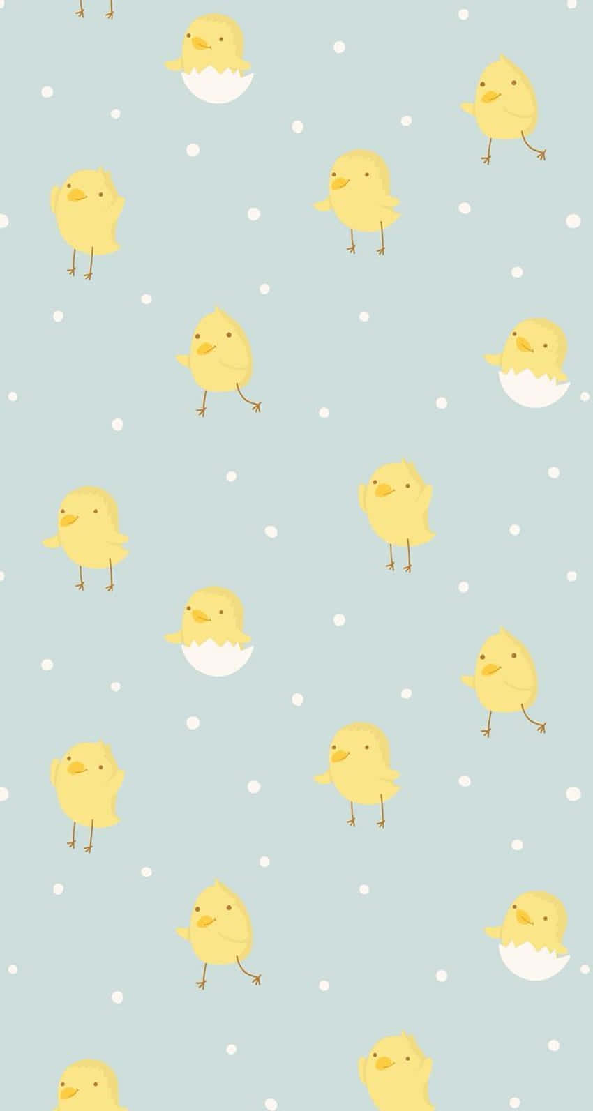 Cute Easter iPhone 桌布 壁紙 — 可愛的黃色小雞從蛋中孵化，站在帶有白色斑點的柔和藍色背景上。