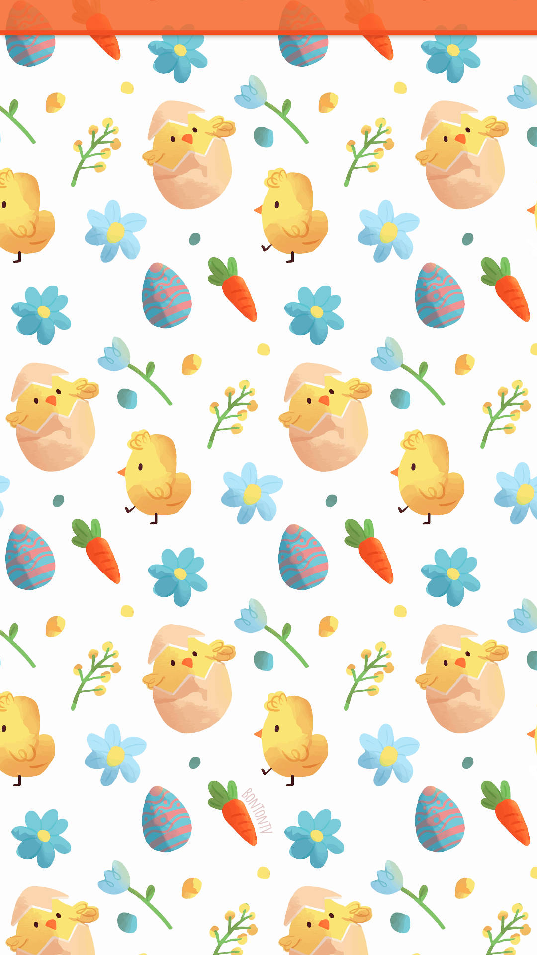 Easter Phone 桌布 壁紙 — 可愛的黃色小雞從裂開的蛋中探出頭來，周圍有藍色花朵、胡蘿蔔和圖案蛋，背景為白色。