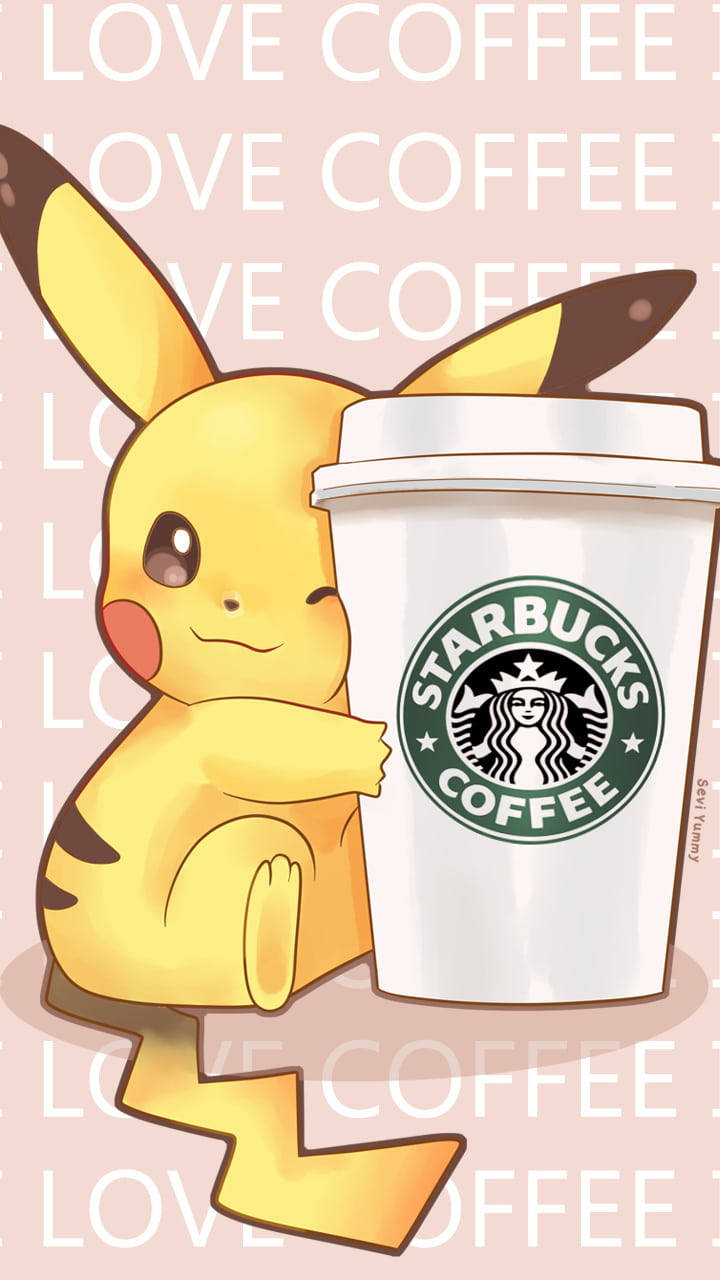 皮卡丘拿著星巴克咖啡杯，背景有love coffee文字。 — 星巴克 GIF 壁紙