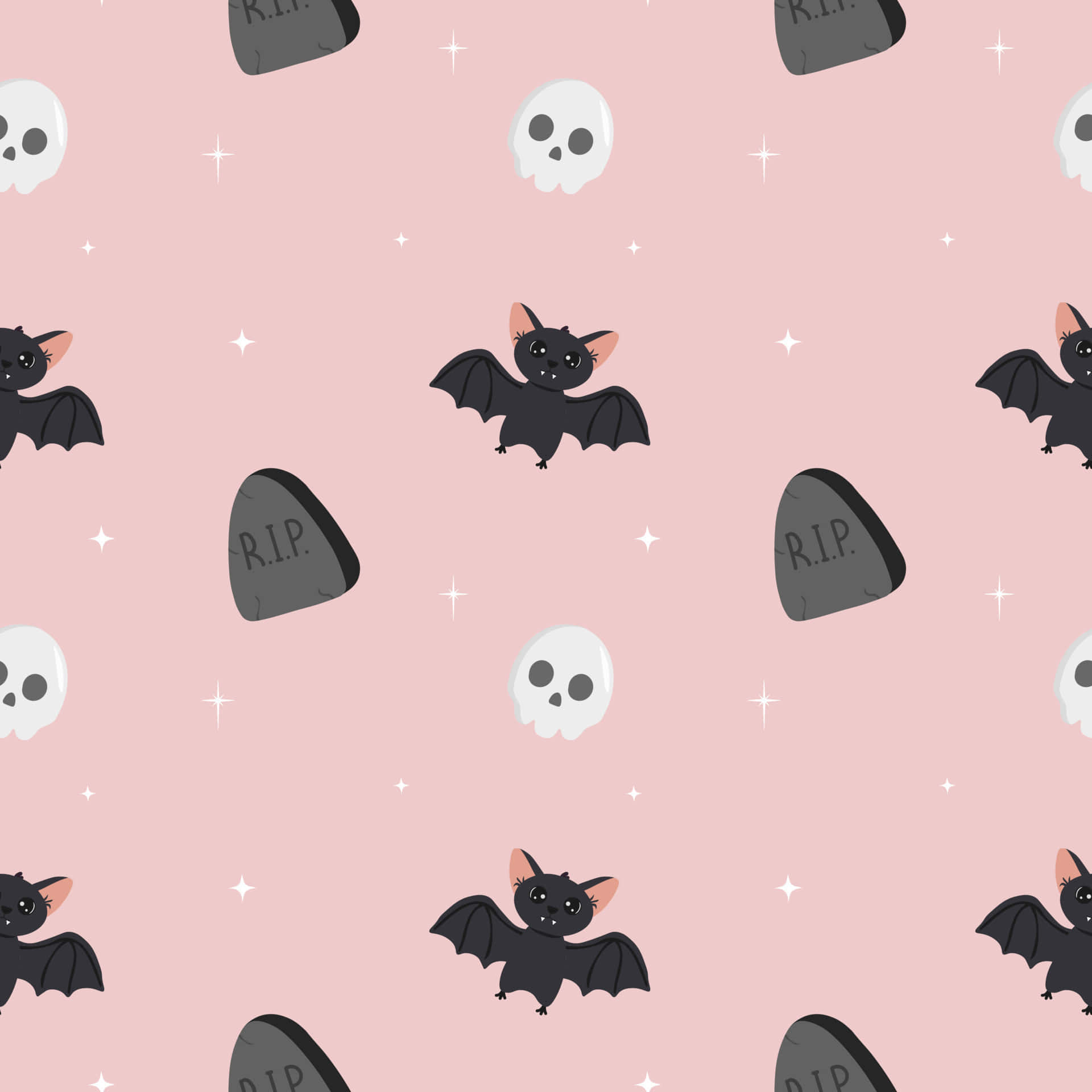 Pastel Halloween 桌布 壁紙 — 可愛的黑色蝙蝠頭骨和墓碑漂浮在柔和的粉紅色背景上，帶有白色閃光。