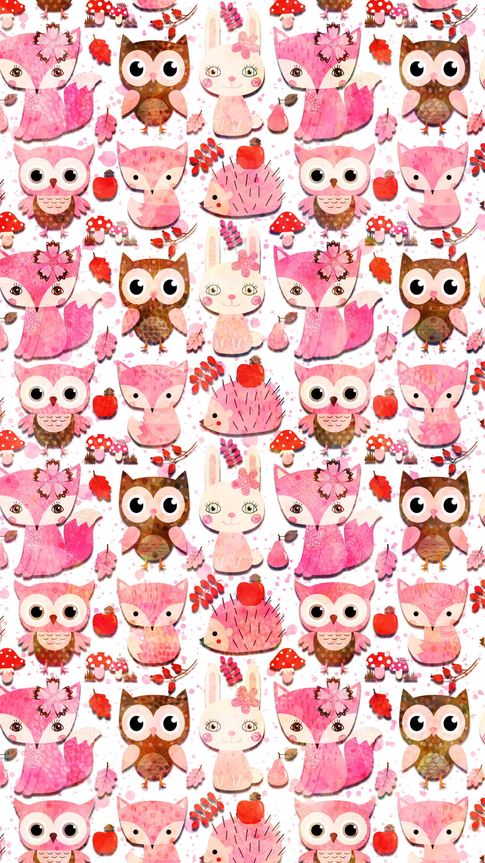 Kawaii Fox 桌布 壁紙 — 可愛粉紅狐狸、貓頭鷹和兔子與秋葉和蘑菇的水彩風格重複圖案。
