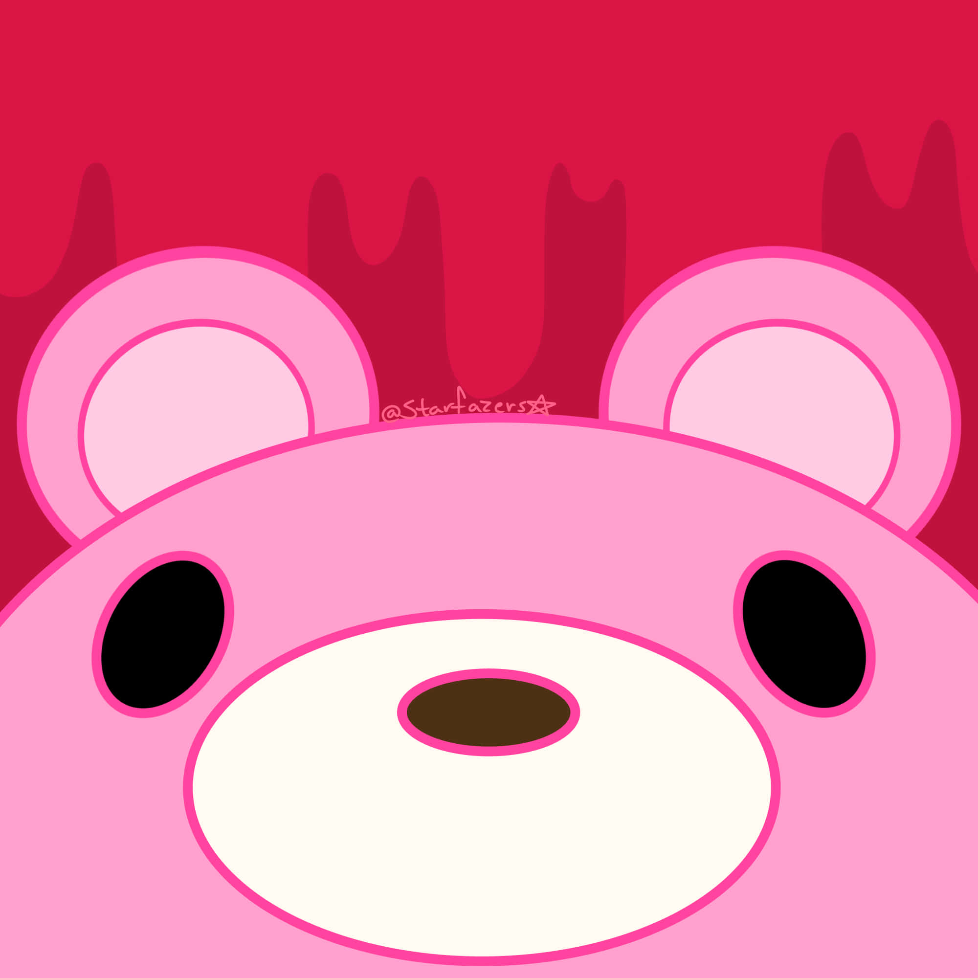 gloomy bear 桌布 壁紙 — 可愛粉紅色卡通熊的特寫，有黑色眼睛和白色鼻子，背景是鮮豔的紅色。