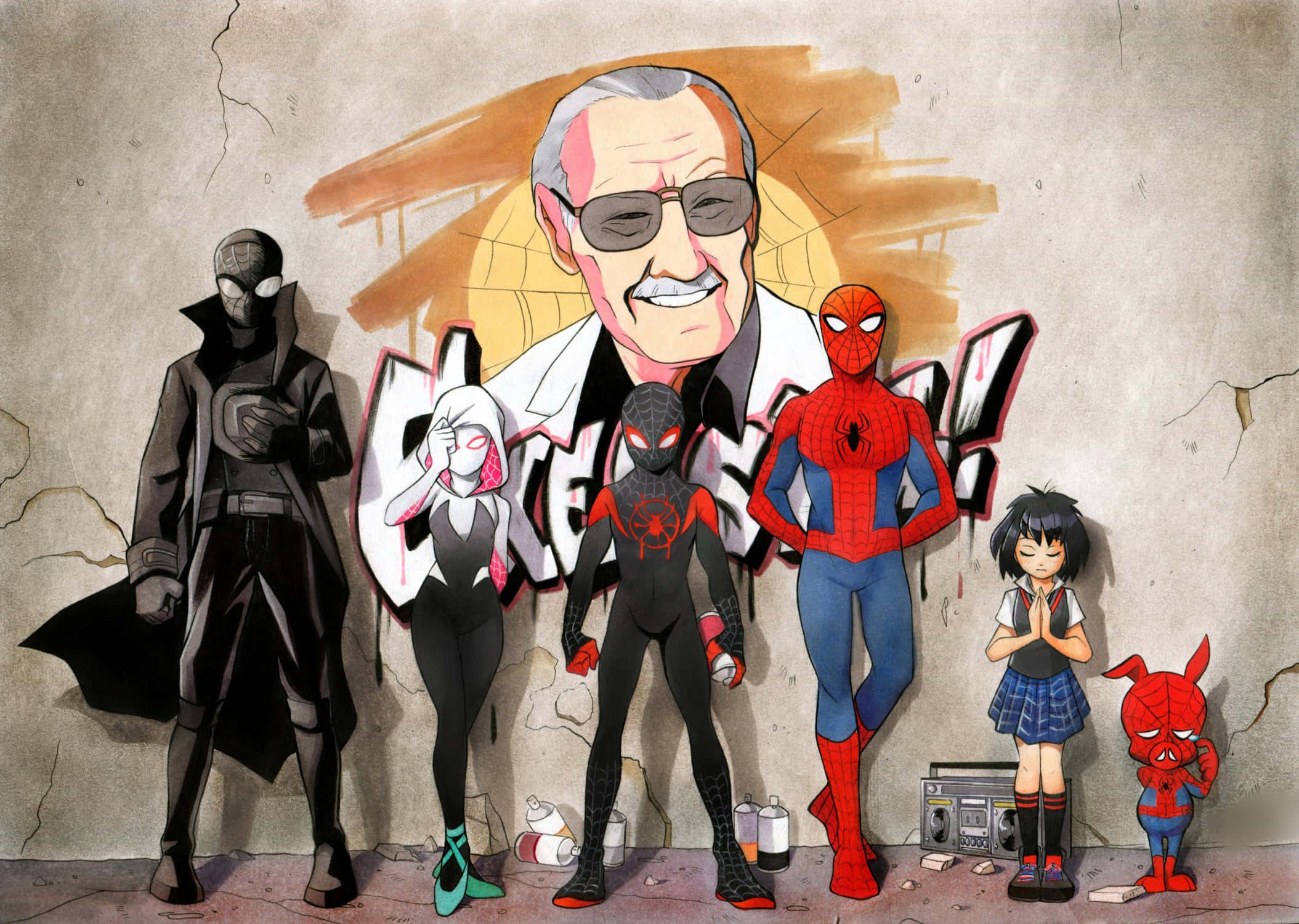 Stan Lee Tribute 桌布 壁紙 — 史丹·李在塗鴉風格的「SPIDER-MAN」文字後微笑，六位蜘蛛宇宙英雄站在裂牆前。