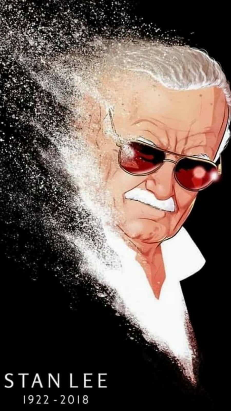 Stan Lee Tribute 桌布 壁紙 — 史丹·李戴著紅色太陽眼鏡，在黑色背景上分解成白色粒子，下方有其名字和年份。