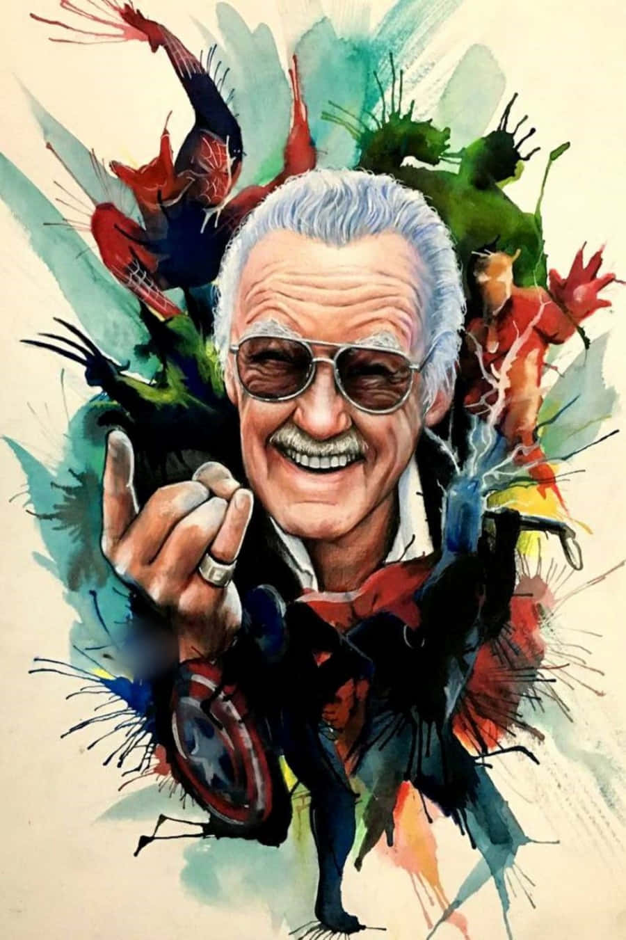 Stan Lee Tribute 桌布 壁紙 — 史丹·李自信地微笑，被蜘蛛人和美國隊長等標誌性超級英雄的鮮豔水彩飛濺包圍。