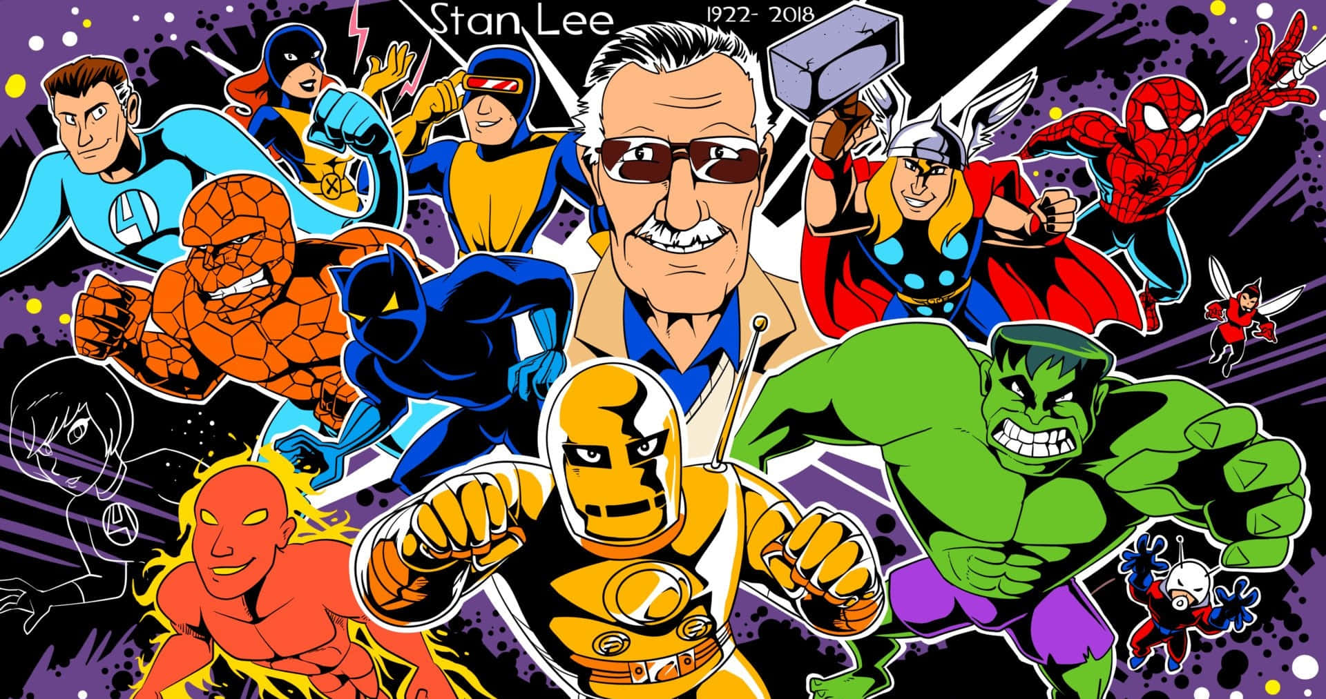 Stan Lee Tribute 桌布 壁紙 — 史丹·李被標誌性漫威超級英雄包圍，以大膽漫畫風格呈現，背景是星光閃爍的紫色。