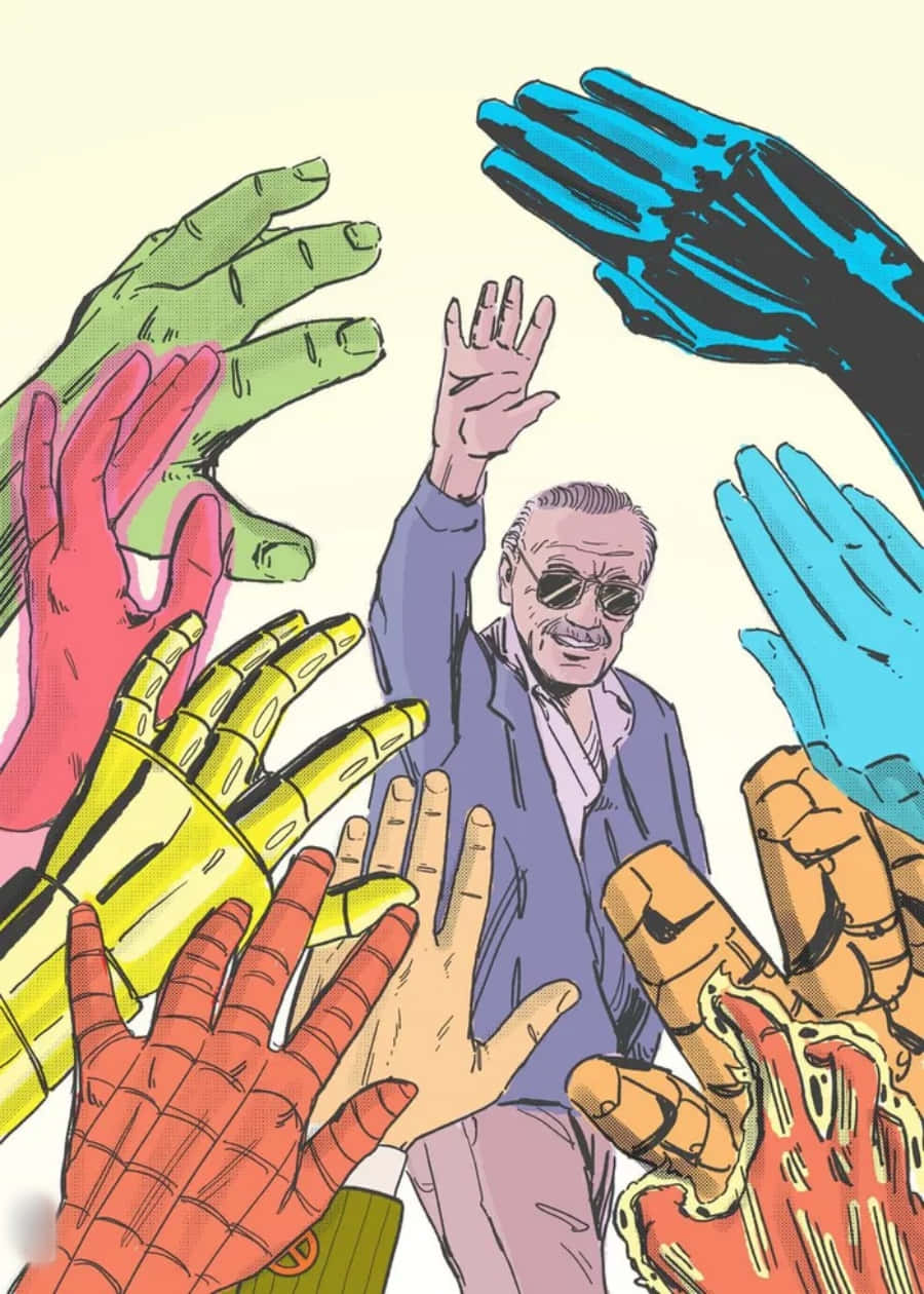 Stan Lee Tribute 桌布 壁紙 — 史丹·李被色彩繽紛的漫畫書手圍繞，在充滿活力的插圖場景中向他伸來。