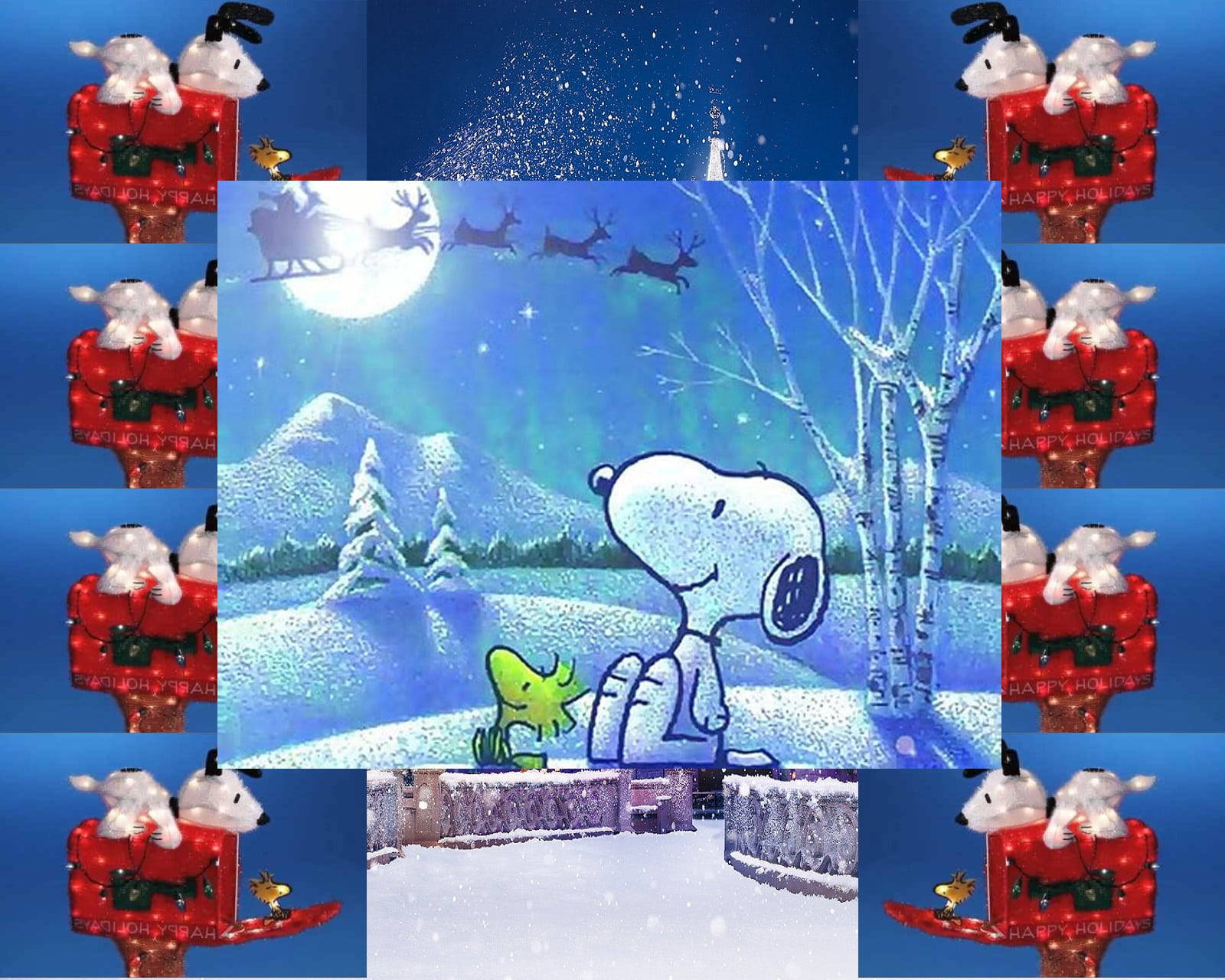 Snoopy Christmas 桌布 壁紙 — 史努比和胡士托凝視著聖誕老人的雪橇在明亮的月亮和閃爍的星星下飛越雪山。