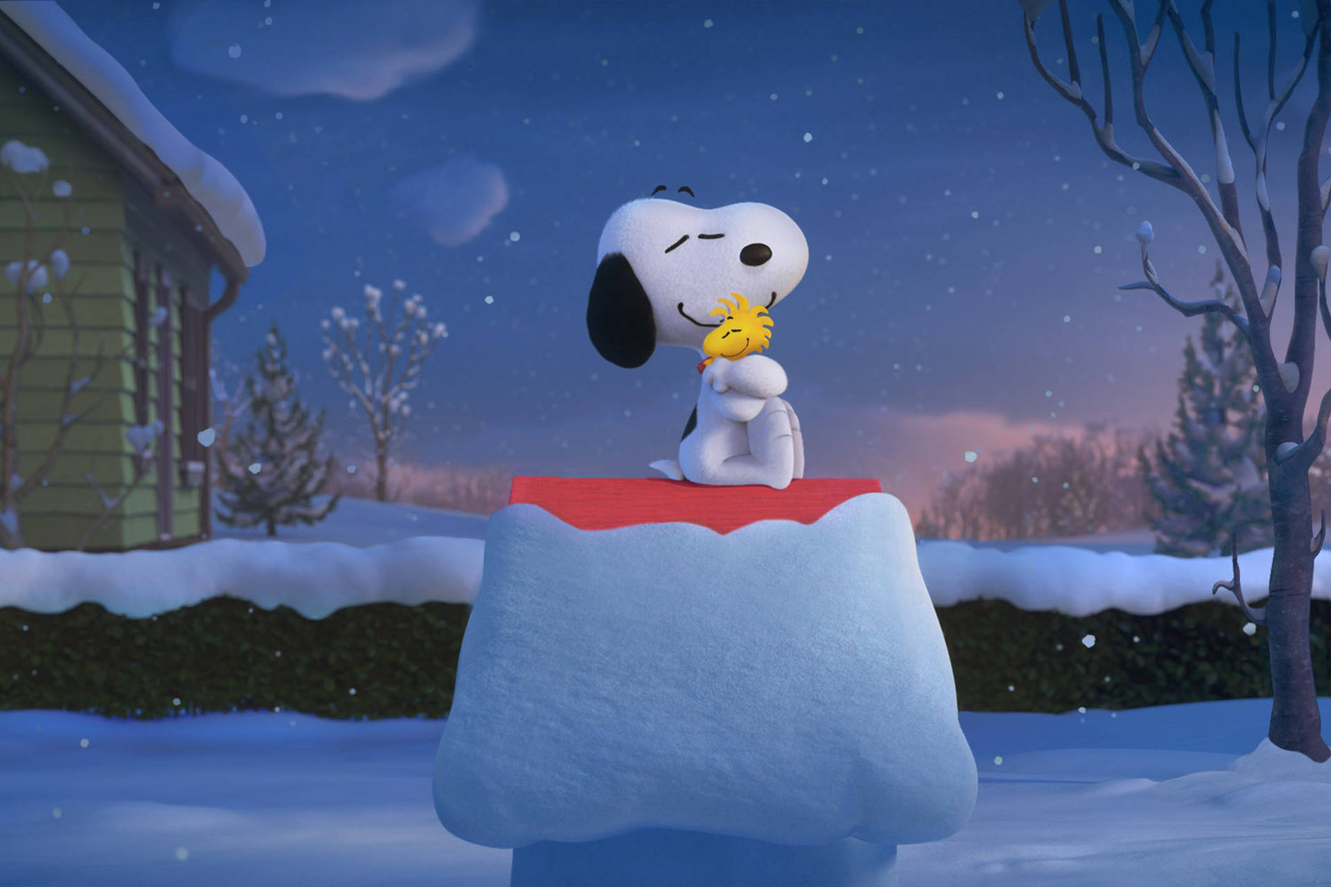 Snoopy Christmas 桌布 壁紙 — 史努比和胡士托在雪堆上依偎，在繁星點點的冬夜天空下，雪花飄落。