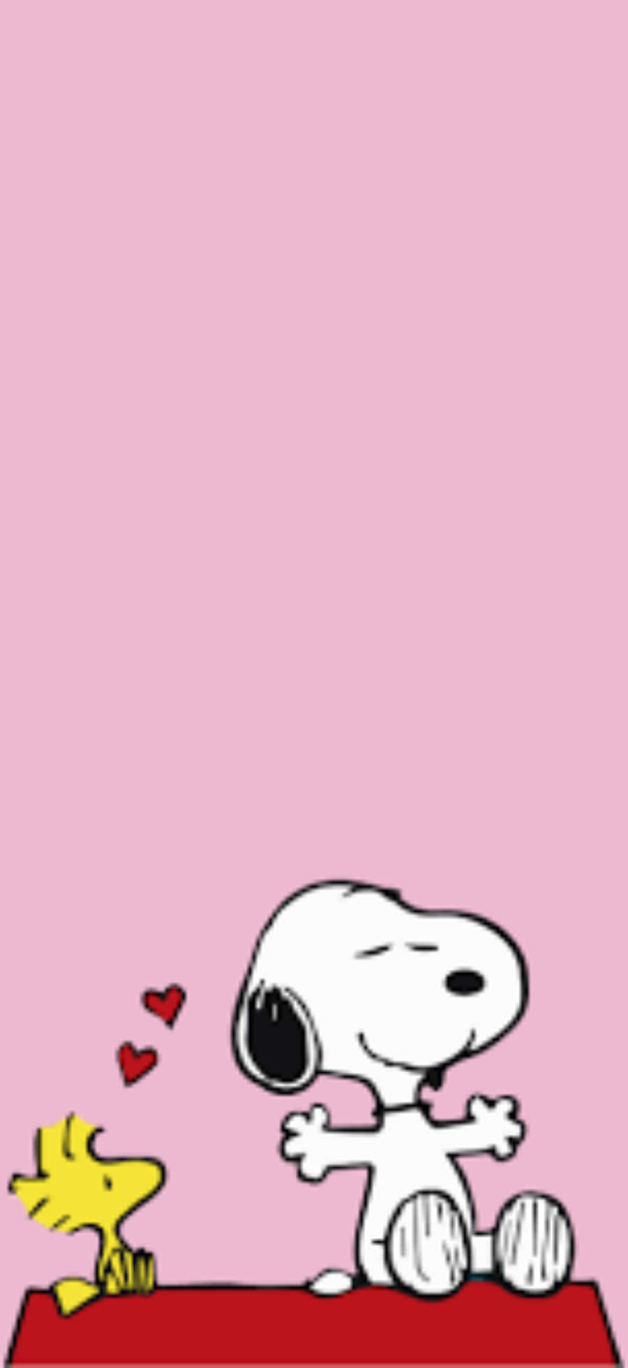 Snoopy Valentine 桌布 壁紙 — 史努比和胡士托坐在紅色地毯上，背景是粉紅色，有漂浮的心形。