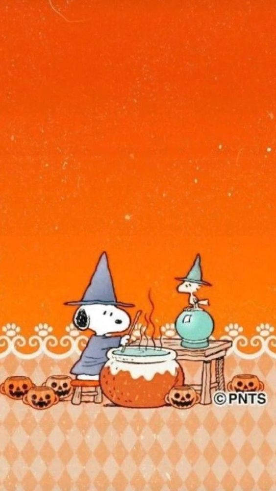 Snoopy Halloween 桌布 壁紙 — 史努比和胡士托打扮成女巫，在橙色背景前被南瓜燈包圍的坩堝中調製藥水。