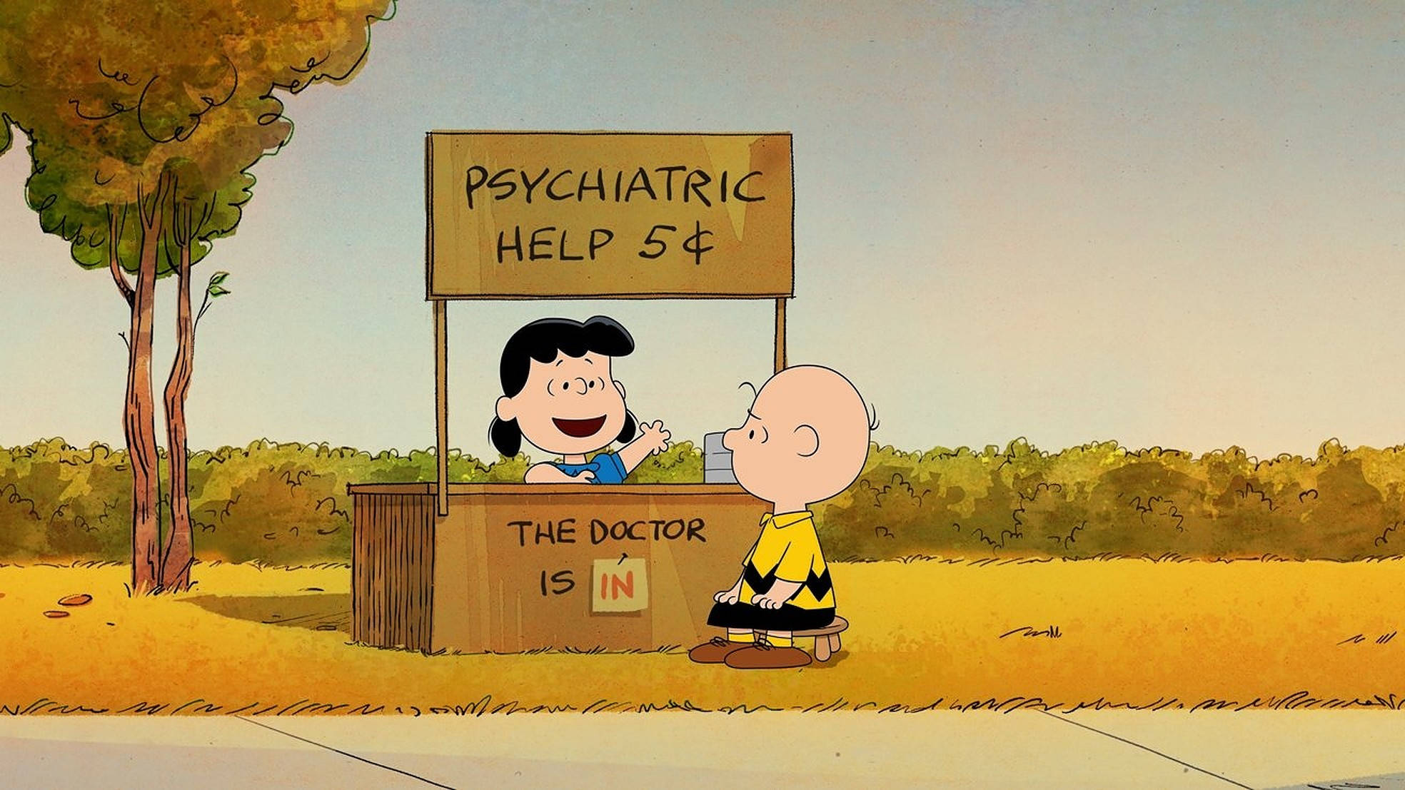 lucy 桌布 壁紙 — 史努比和露西在一個陽光明媚的戶外場景中，與一個精神科幫助亭的卡通場景。