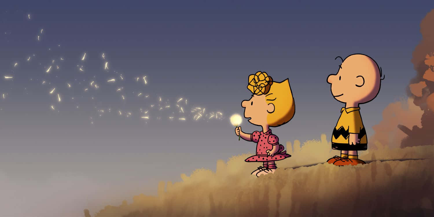 Charlie Brown Birthday 桌布 壁紙 — 史努比和露西在黃昏時站在長滿草的山丘上，露西將蒲公英種子吹向暮色天空。