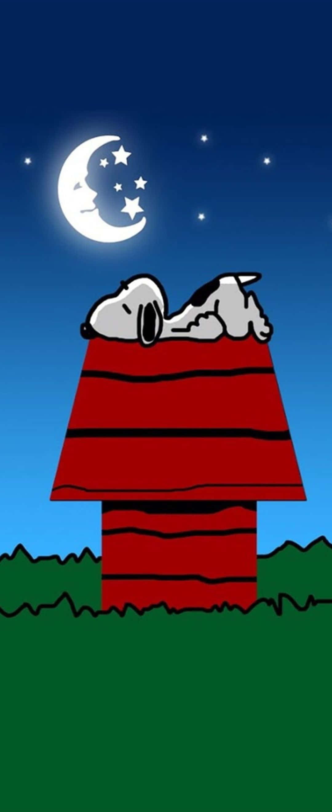 1080x2636 桌布 壁紙 — 史努比在微笑的彎月和閃爍星星下，安詳地睡在他的紅色狗屋上。