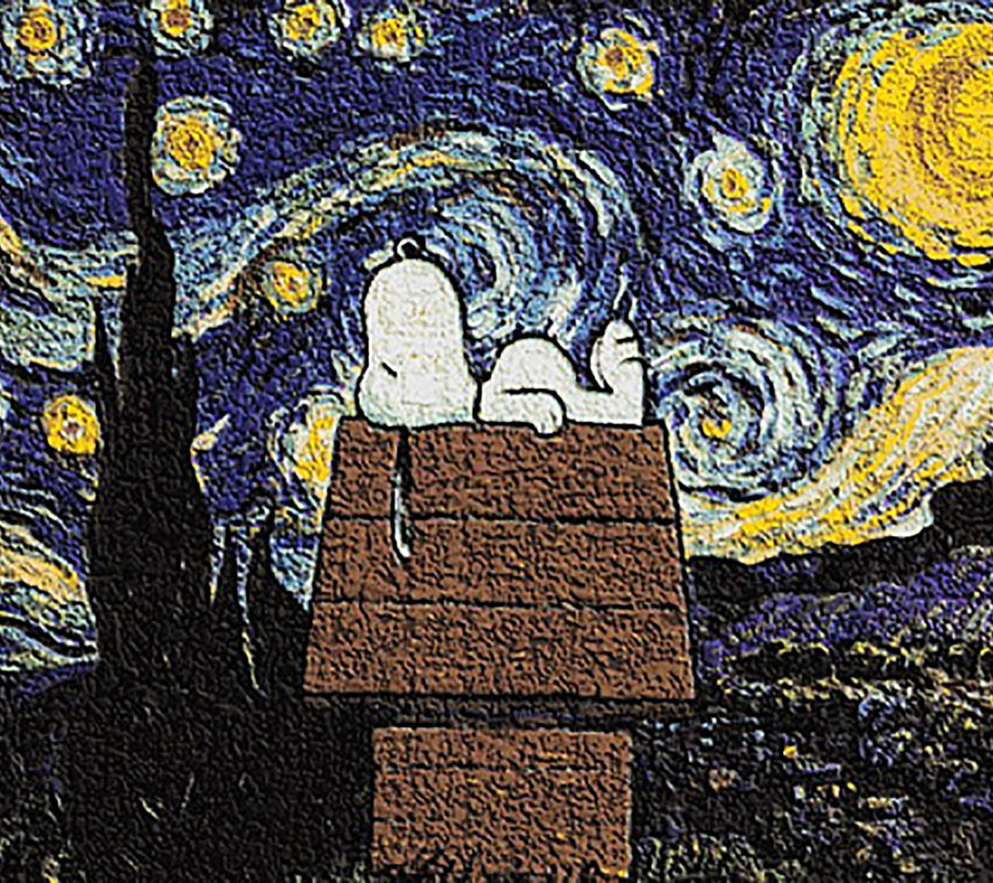 史努比在漩渦星空下在他的狗屋裡睡覺。 — 史努比 壁紙