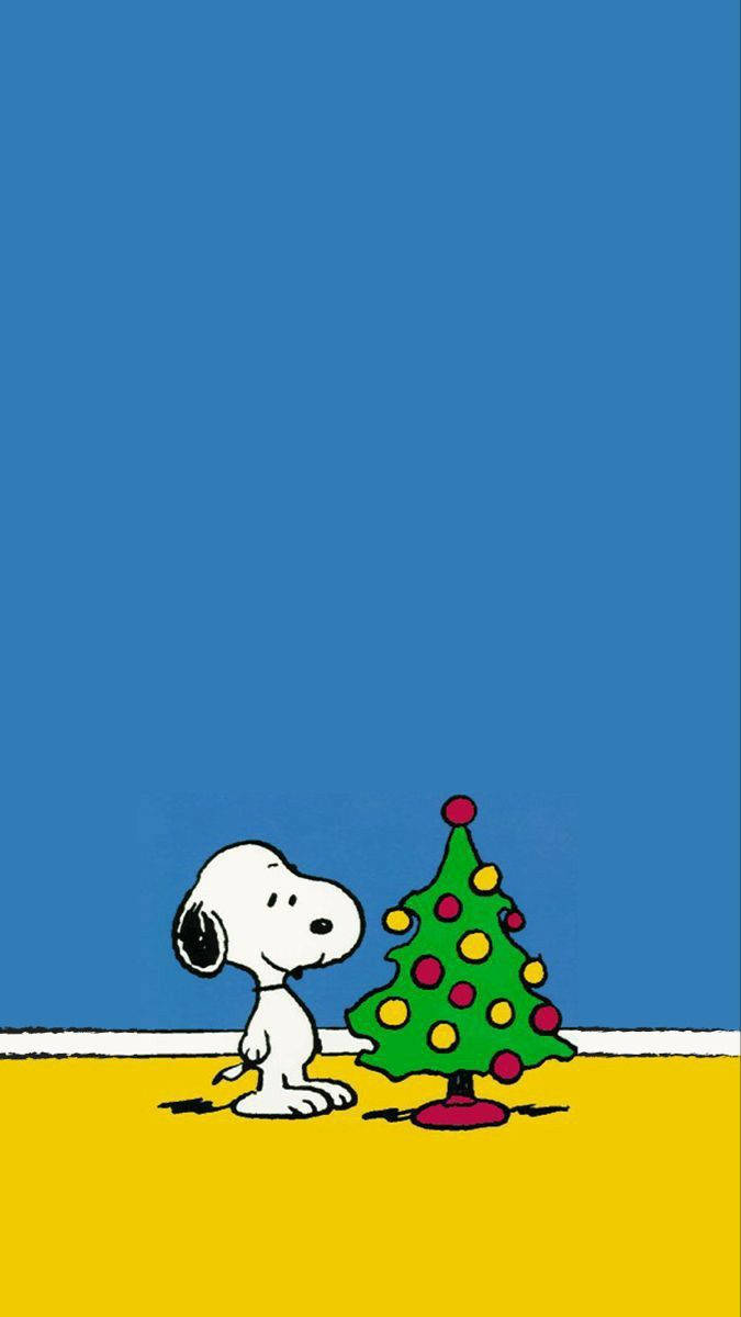 Snoopy Christmas 桌布 壁紙 — 史努比坐在一棵色彩繽紛的聖誕樹旁，背景是鮮明的藍色和黃色。