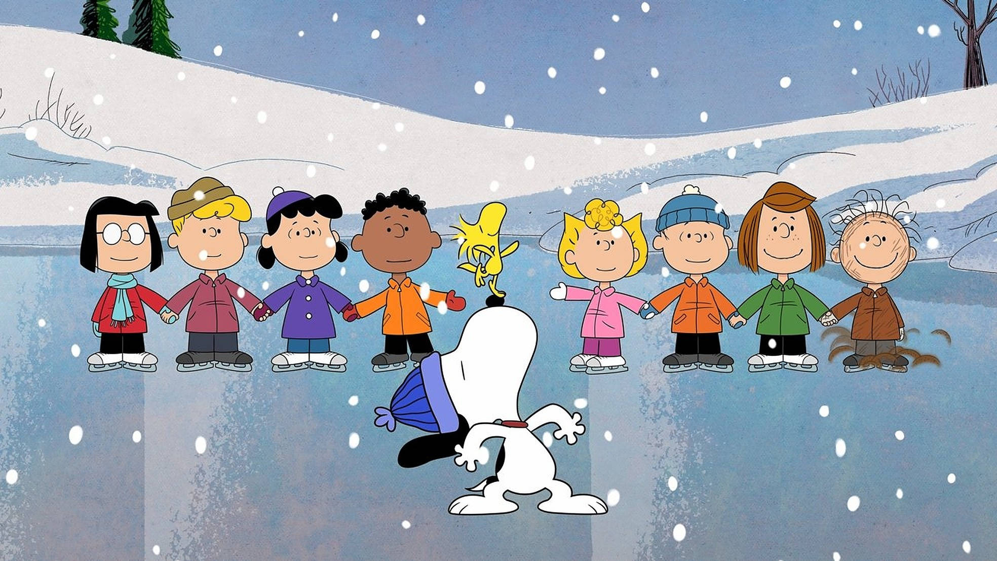 lucy 桌布 壁紙 — 史努比帶領一群花生漫畫角色在雪花飄落的雪白冬日場景中溜冰。