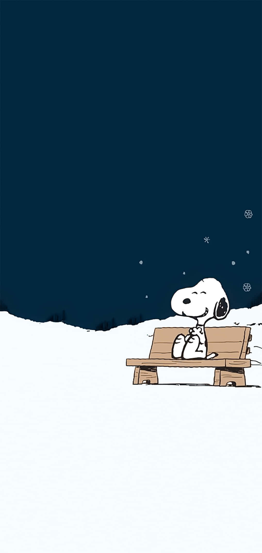 花生漫畫 桌布 壁紙 — 史努比平靜地坐在木長椅上，背景是白雪覆蓋的星空夜空。