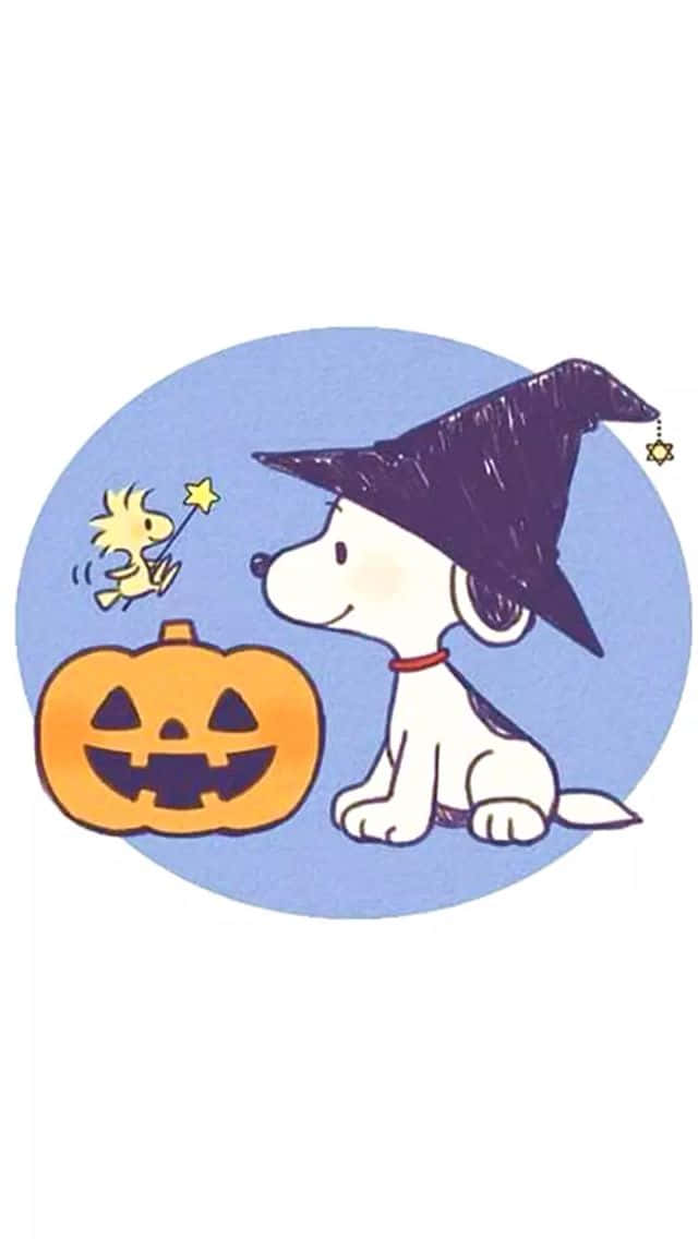 桌布 壁紙 — 史努比戴著巫婆帽坐在南瓜燈旁邊，而胡士托則帶著星星在附近飛翔。