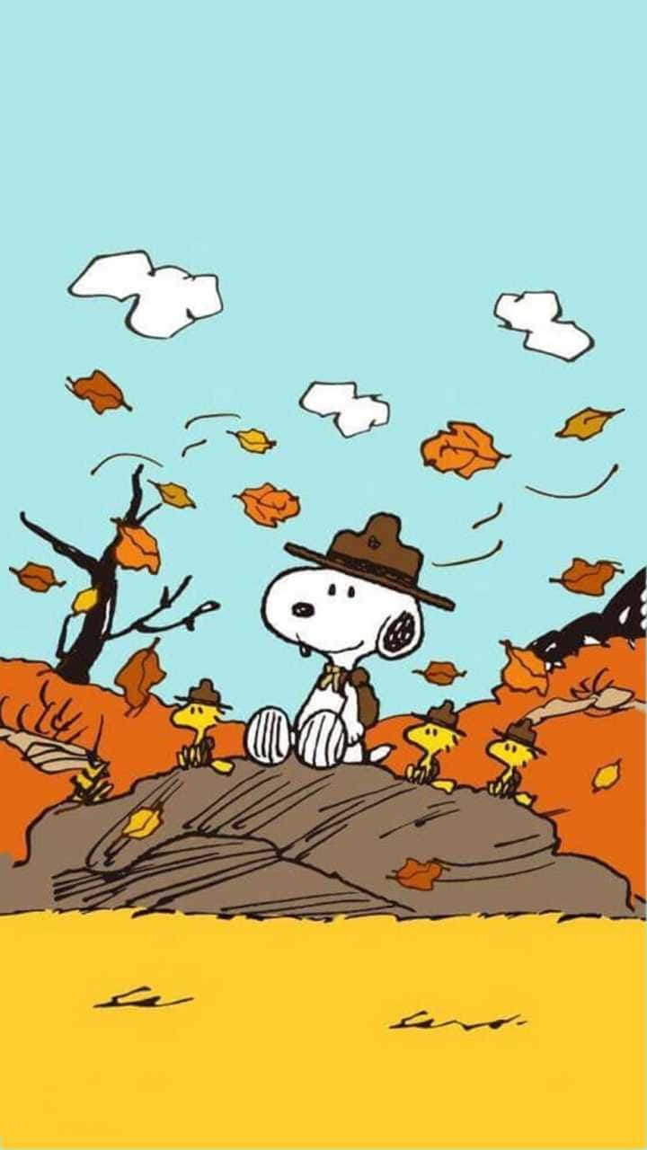 Snoopy Fall 桌布 壁紙 — 史努比戴著棕色帽子坐在岩石上，周圍有飄落的秋葉和小鳥朋友，背景是淺藍色的天空。