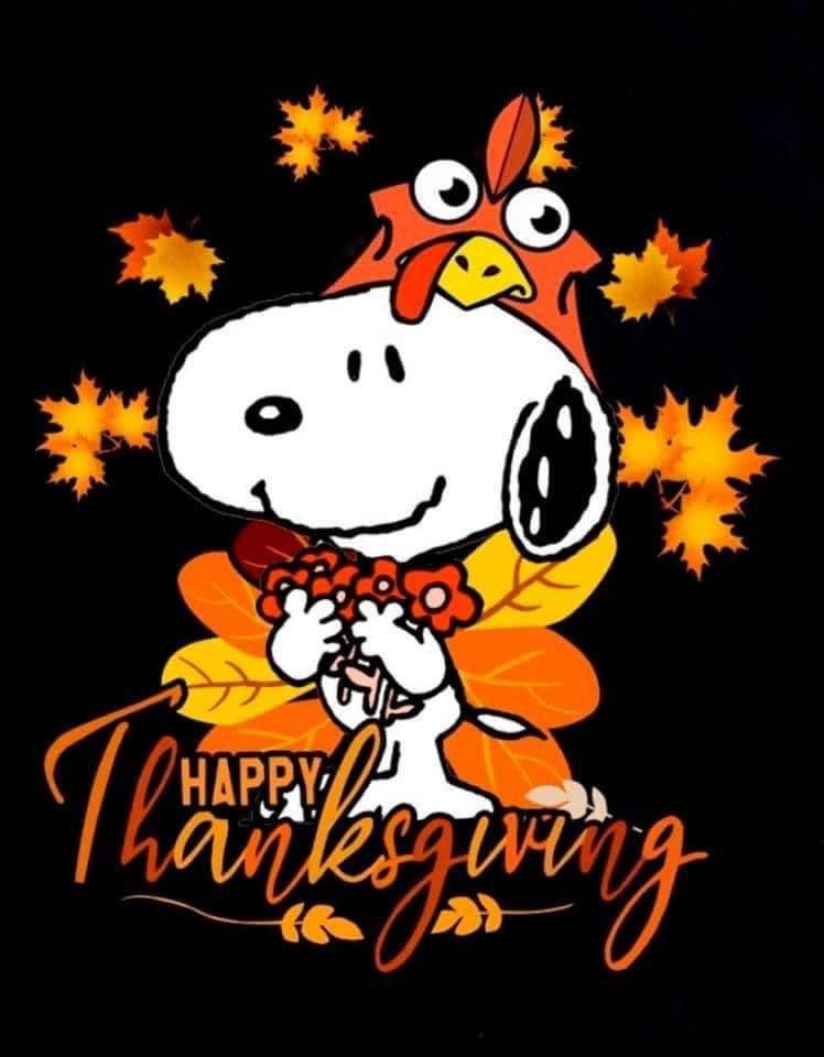 史努比穿著火雞服裝，拿著莓果，有秋葉和「Happy Thanksgiving」文字。