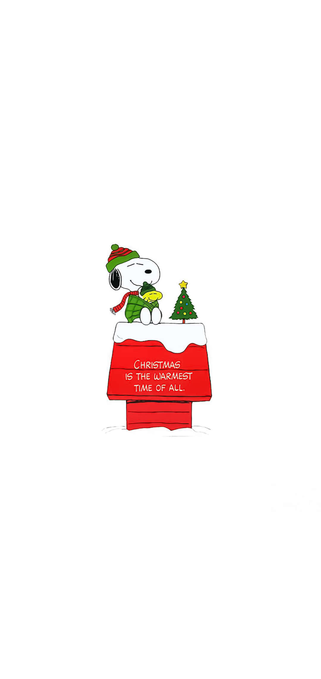 花生漫畫 桌布 壁紙 — 史努比戴著節日帽子坐在他的紅色狗屋上，旁邊有一棵小聖誕樹，背景是雪白的。