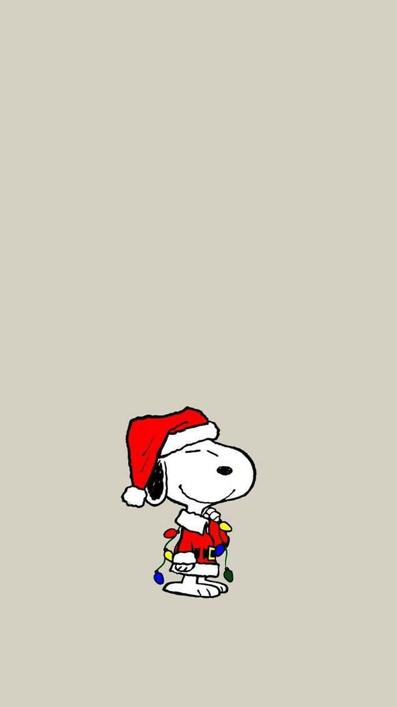 Snoopy Christmas iPhone 桌布 壁紙 — 史努比戴著紅色聖誕帽和套裝，在純米色背景上拿著彩色燈飾。