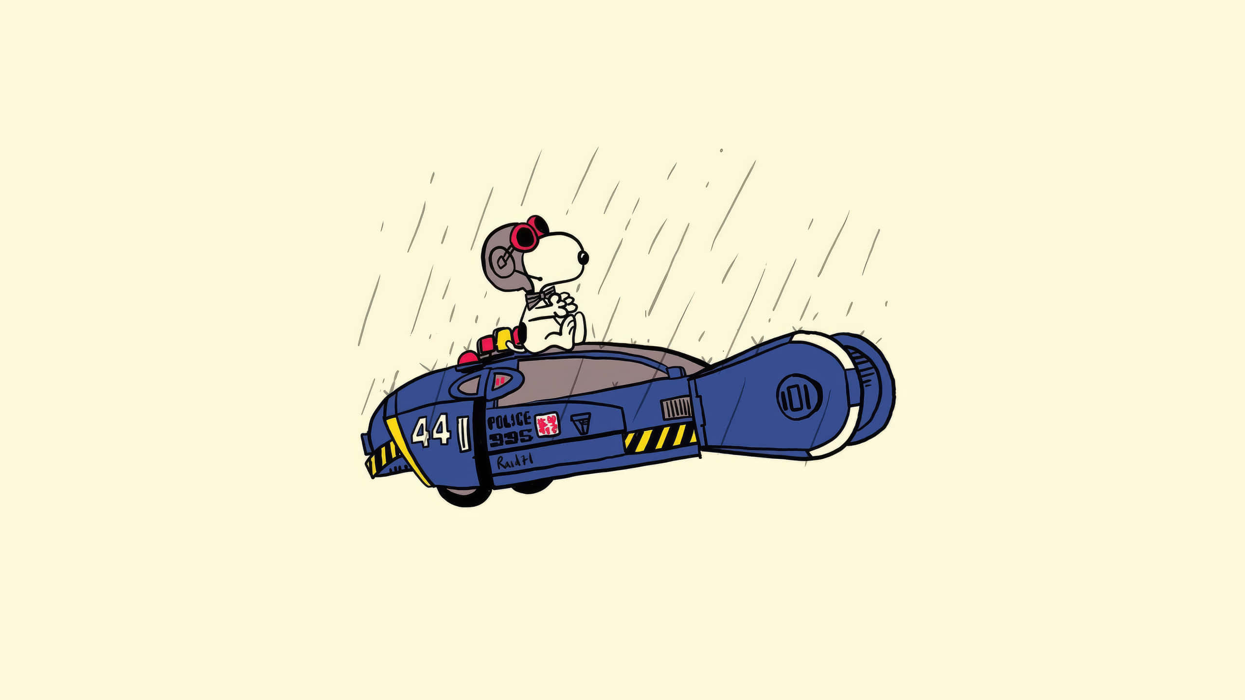 Snoopy Desktop 桌布 壁紙 — 史努比戴著紅色護目鏡，表情堅定，駕駛藍色未來警車在雨中行駛。