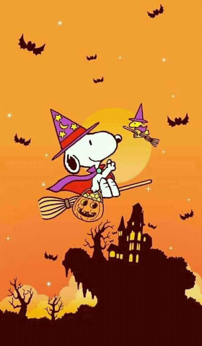 Snoopy Halloween 桌布 壁紙 — 史努比打扮成女巫，騎著掃帚，拿著南瓜燈籃子，在橙色萬聖節天空下，有蝙蝠和鬼屋。