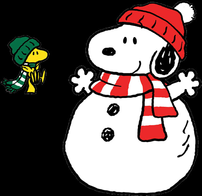 Comics 桌布 壁紙 — 史努比打扮成雪人，戴紅色帽子和圍巾，站在一隻戴綠色帽子和圍巾的小黃鳥旁邊，背景為黑色。