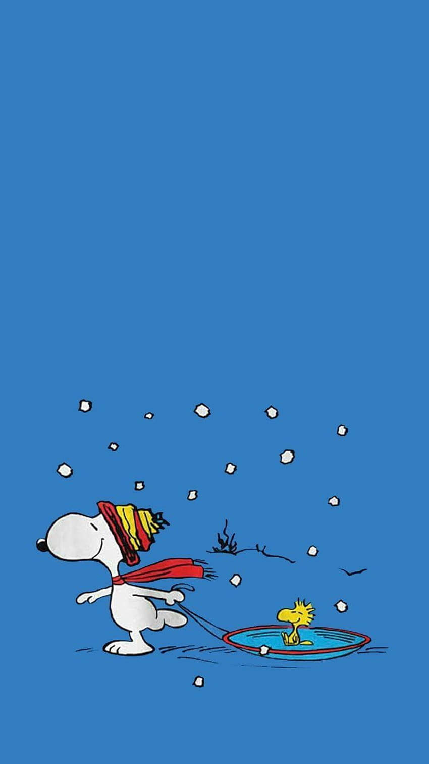 史努比拖著胡士托在雪橇上，穿過雪花。 — 史努比 壁紙