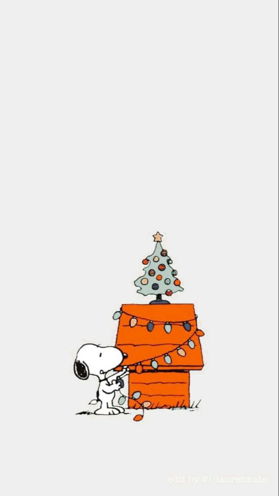 Peanuts 桌布 壁紙 — 史努比用燈串和小聖誕樹（頂部有星星）裝飾他的橙色狗屋。