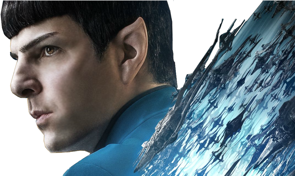 Star Trek Enterprise 桌布 壁紙 — 史波克身穿藍色制服、背後星艦在黑色太空旋轉的生動肖像。