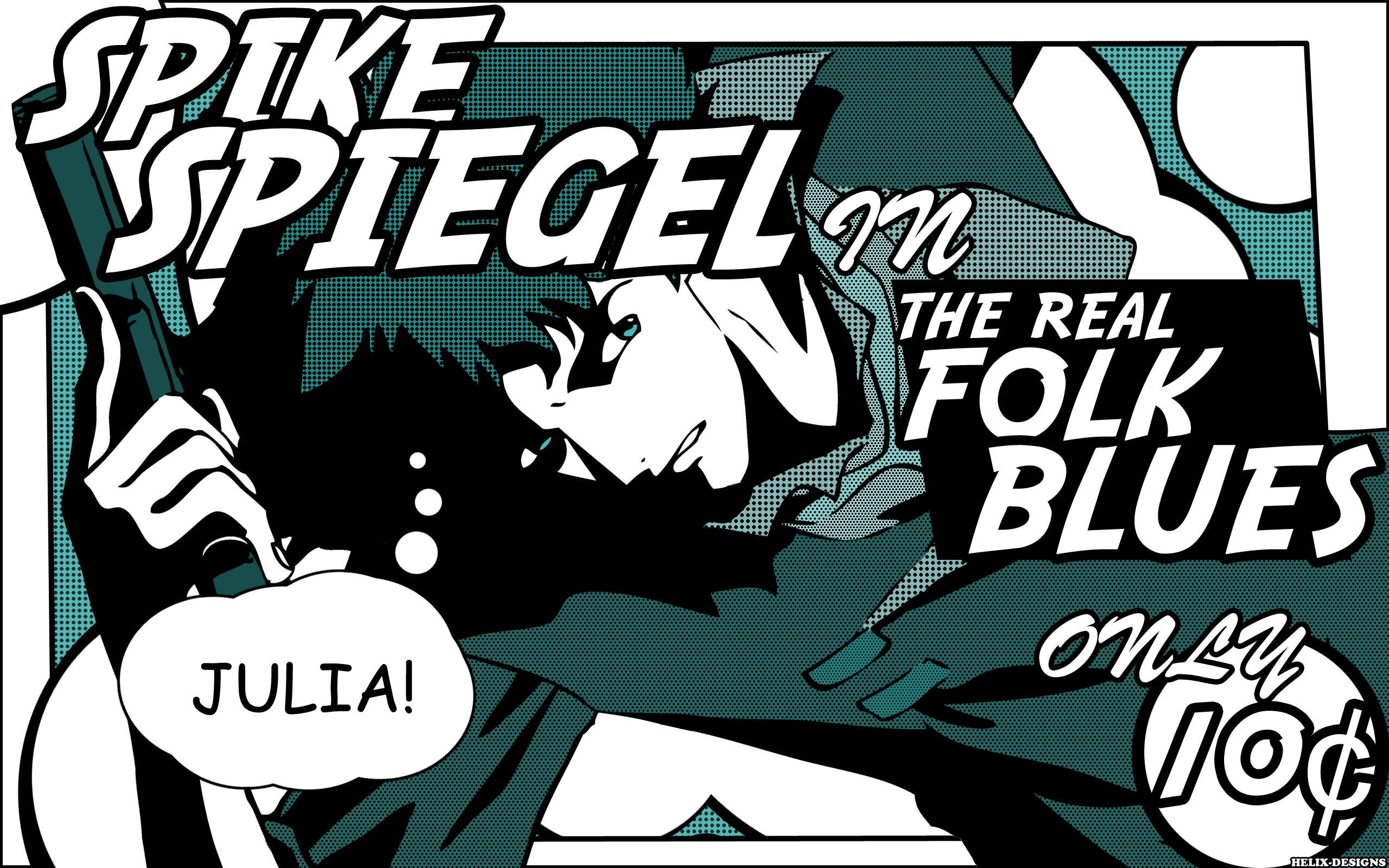 Cowboy Bebop Desktop 桌布 壁紙 — 史派克·史比格拿著槍，對話框寫著茱莉亞的漫畫風格插圖。