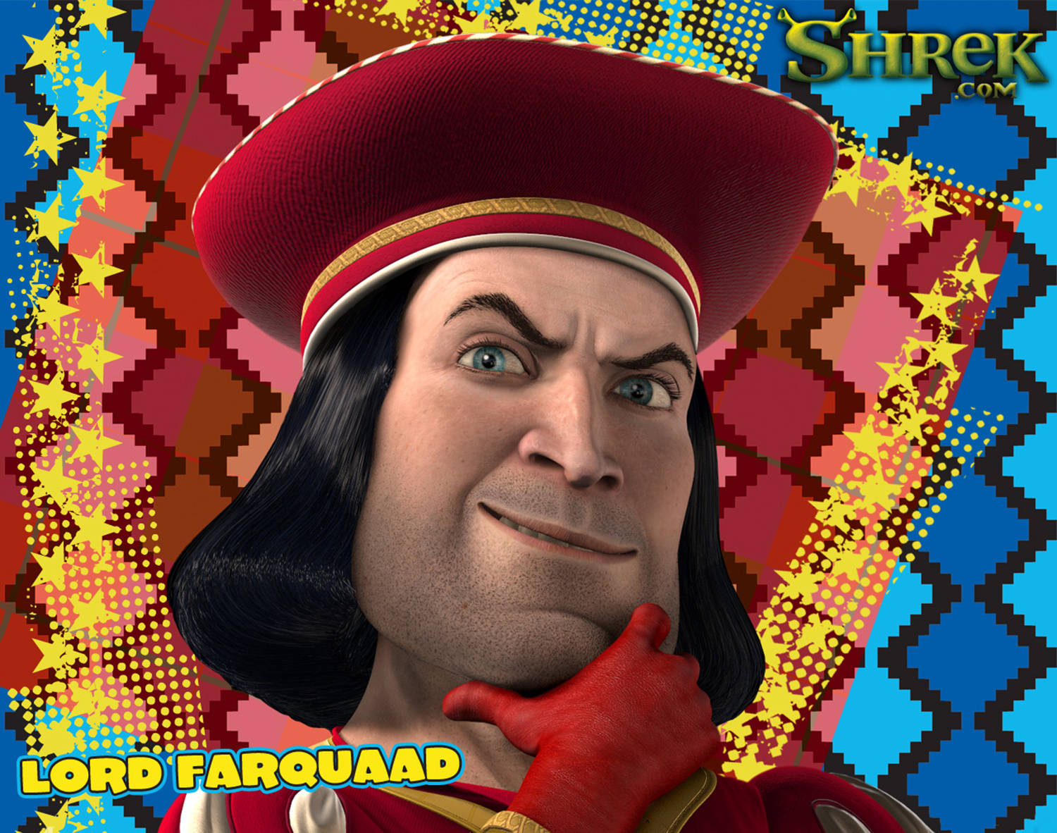 Lord Farquaad 桌布 壁紙 — 《史瑞克》中的法爾奎德領主以充滿活力的普普藝術風格，搭配大膽的幾何圖案和星星，得意地凝視著。