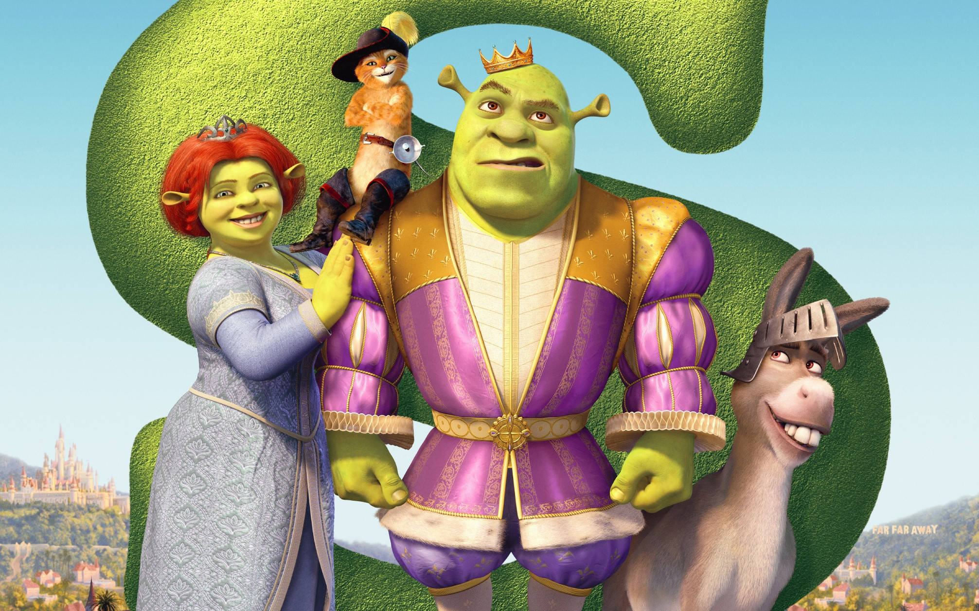 Shrek 2 桌布 壁紙 — 史瑞克、費歐娜、貓貓和驢子一起站在一個巨大的綠色數字三前面，背景有城堡。