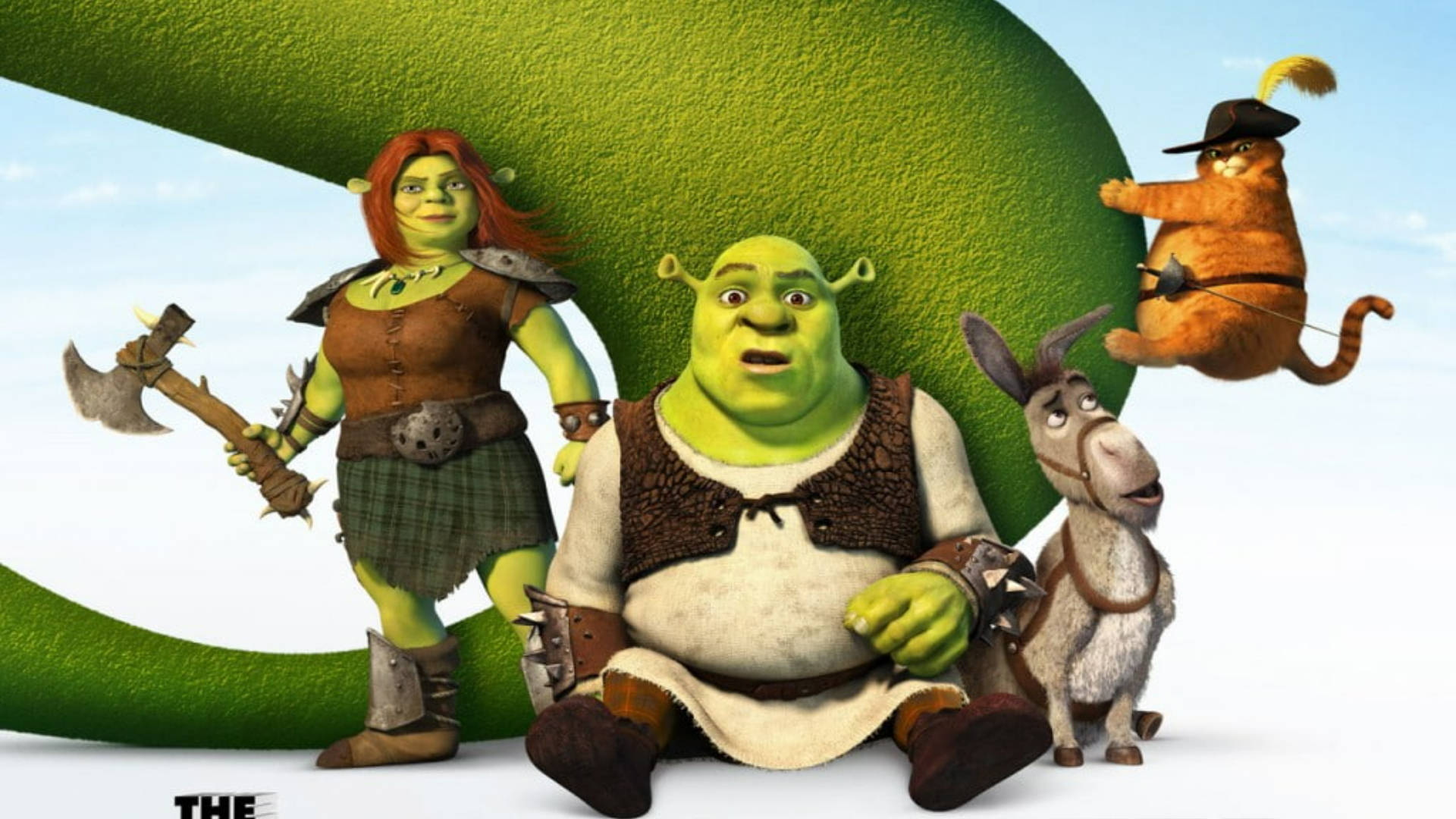 shrek donkey 桌布 壁紙 — 史瑞克、費歐娜、驢子和穿靴子的貓在明亮的攝影棚中，以巨大的綠色管道為背景一起擺姿勢。