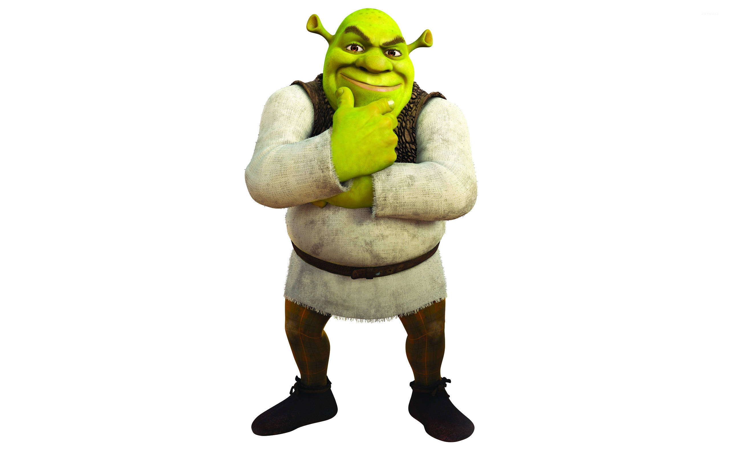 Shrek 2 桌布 壁紙 — 史瑞克（食人魔）自信地站立，手托下巴，身穿標誌性的綠色皮膚和白色長袍，背景為純白色。