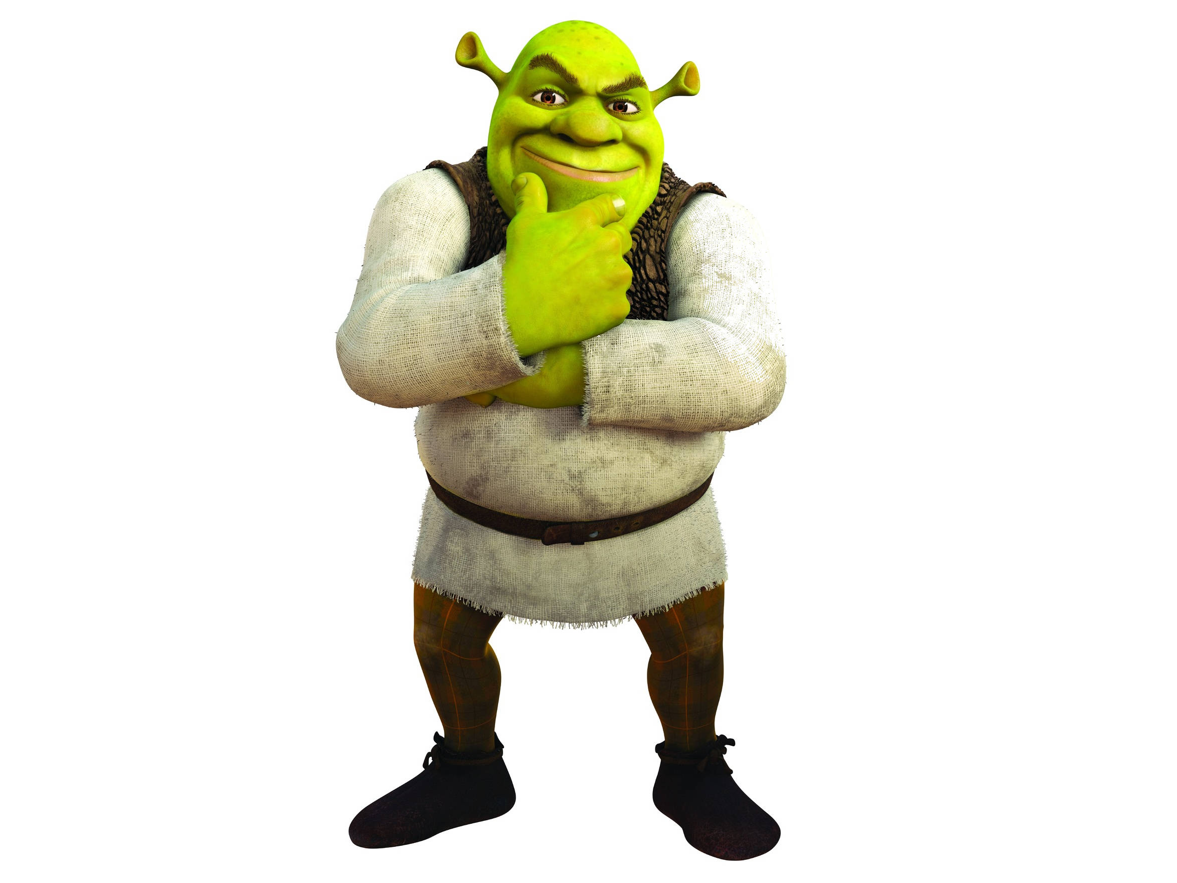 shrek 4K 桌布 壁紙 — 史瑞克（食人魔）自信地站著，一手托腮，身穿標誌性白色長袍和棕色背心，背景為純白色。